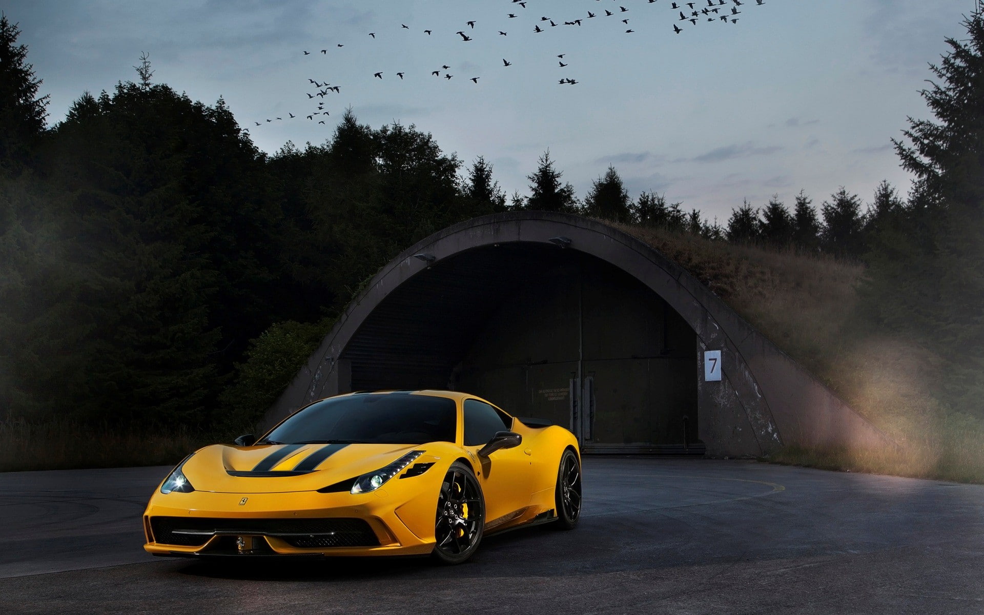 1080P, road, car, road trip, tree, connection, Ferrari, motor vehicle, yellow, sky, mode of transportation, Novitec Rosso, Novitec, built structure, architecture, HD Wallpaper