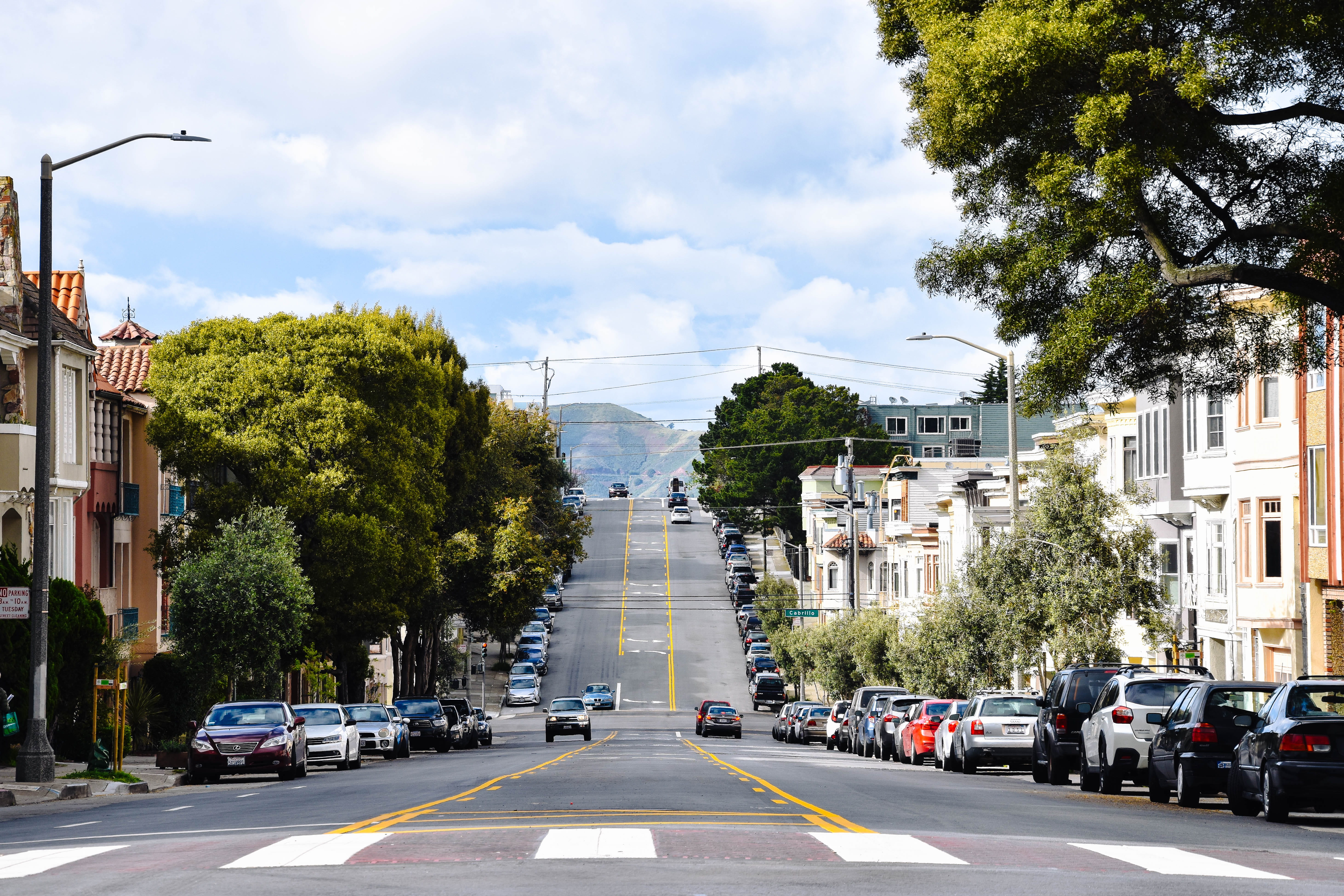 housing, hill, sky, town, diminishing perspective, land vehicle, direction, sign, outdoors, sidewalks, san francisco, car, nature, parked, roadside, transportation, HD Wallpaper