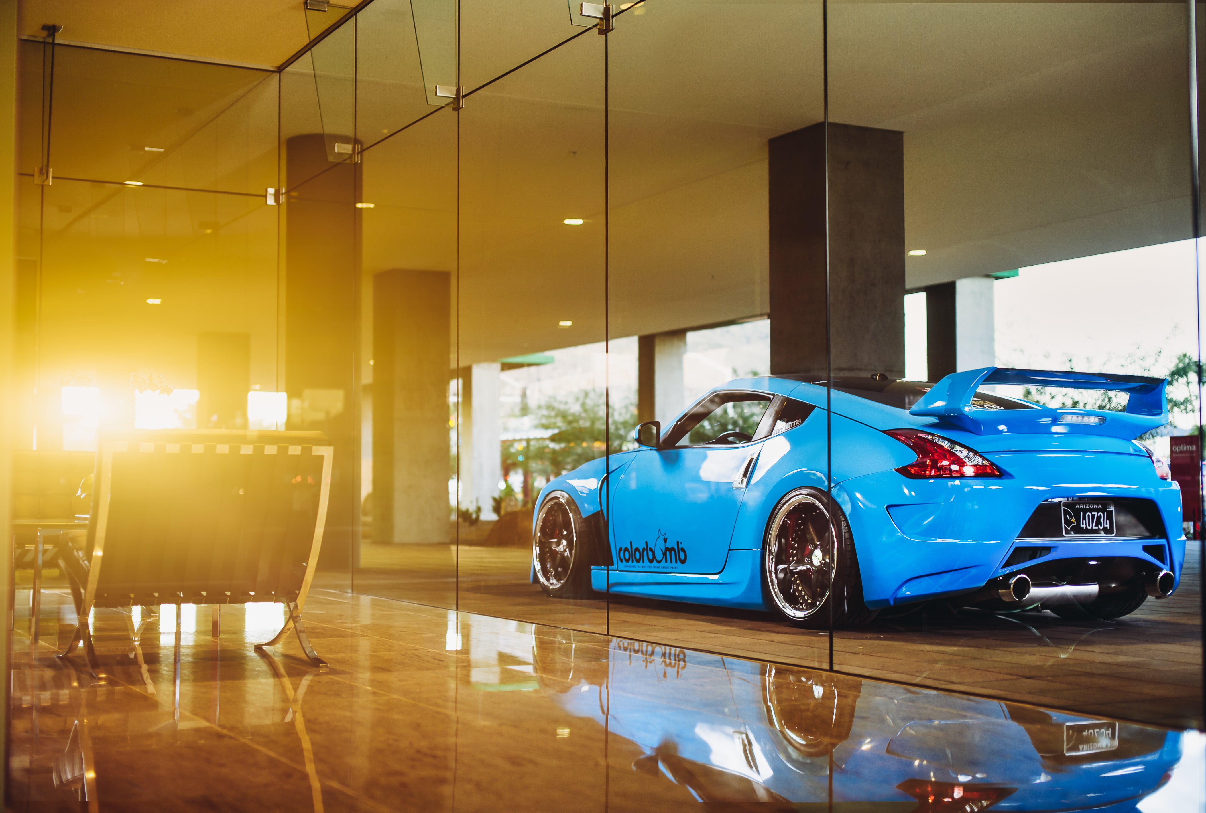 tuning, no people, flooring, illuminated, glass - material, shopping, Nissan 370Z, transportation, lighting equipment, garage, reflection, 4K, fuel and power generation, HD Wallpaper