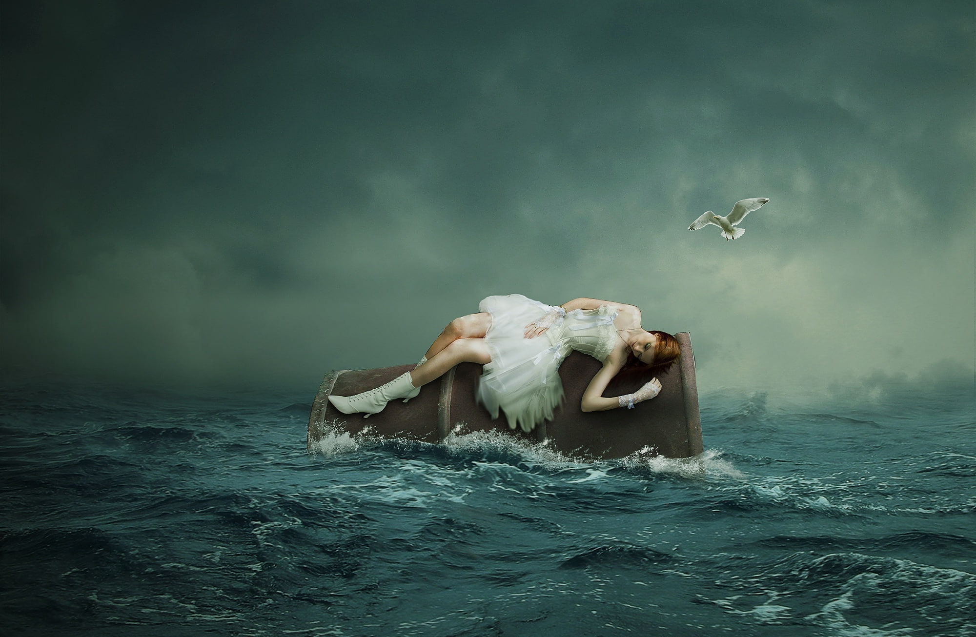 one person, white, Aero, motion, s, Seagull, nature, Gull, outdoors, digital composite, cloud - sky, sea, Lonely, Creative, Woman, young adult, Water, dress, HD Wallpaper