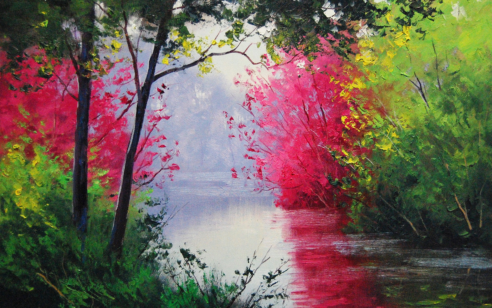 water, tranquil scene, change, art, Art And Creative, green, land, outdoors, quiet, no people, branch, pink, painting, gray, forest, trees, nature, near, HD Wallpaper
