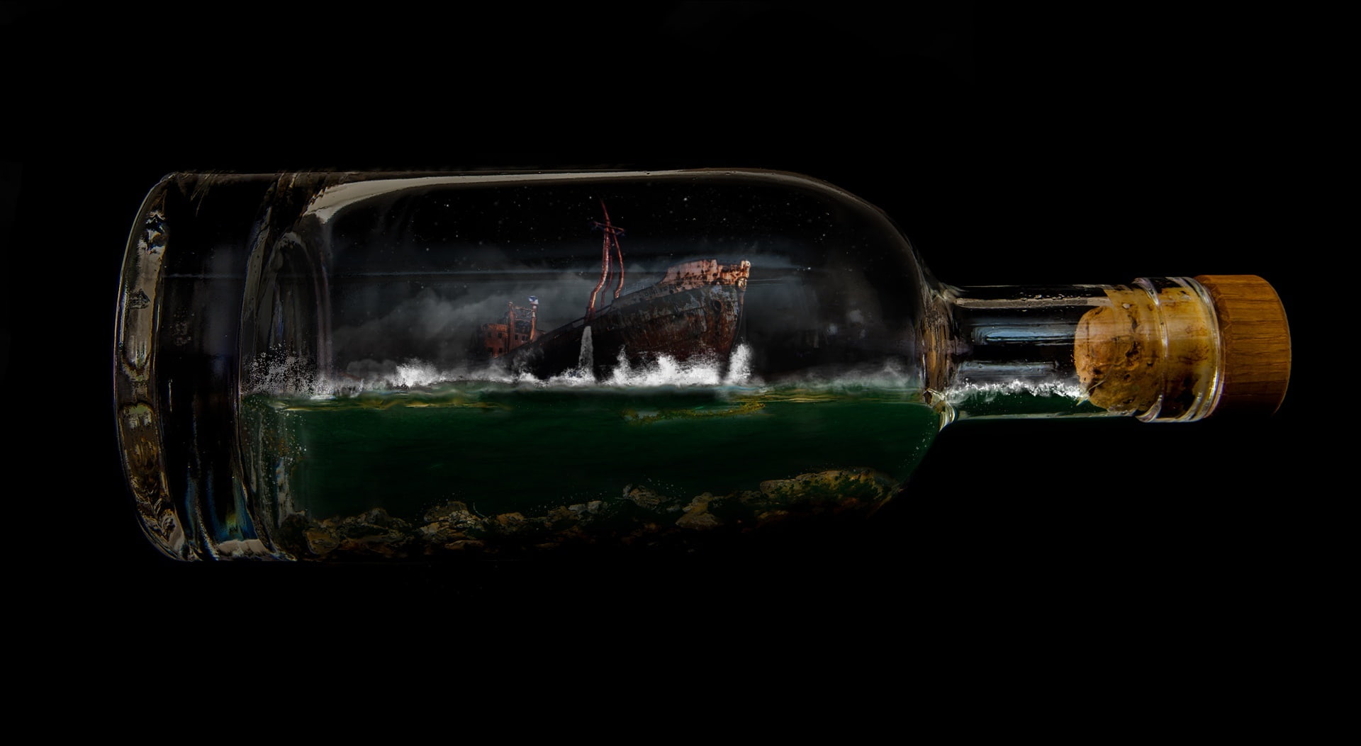 clear, 1080P, container, Aero, studio shot, Creative, nature, ship, food and drink, glass, indoors, impossible, transparent, storm, bottleship, glass - material, HD Wallpaper