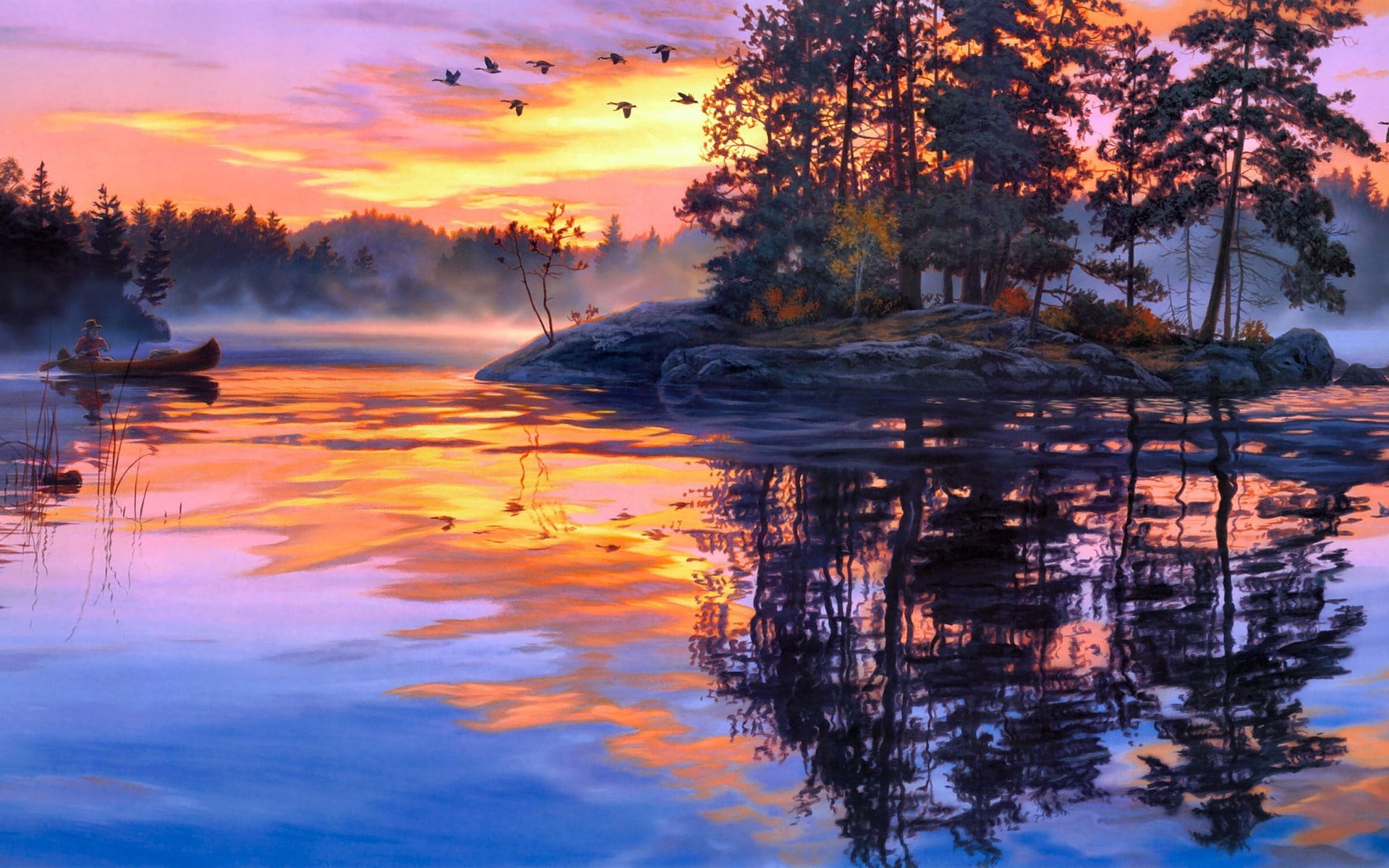 Art And Creative, tranquil scene, near, tranquility, cloud - sky, reflection, autumn, art, lake, plant, painting, trees, 1080P, non-urban scene, water, HD Wallpaper