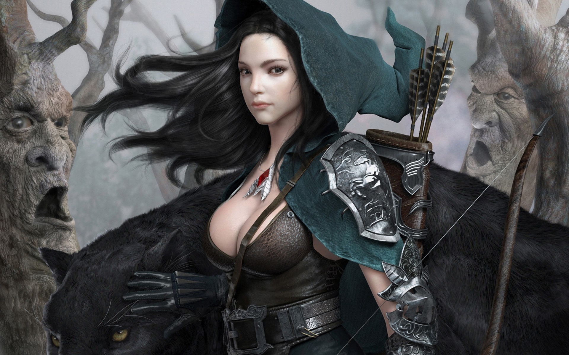 Hair, Arrow, Fantasy, Bow, Render, Girl, 1080P, Magic, Forest, Black, HD Wallpaper