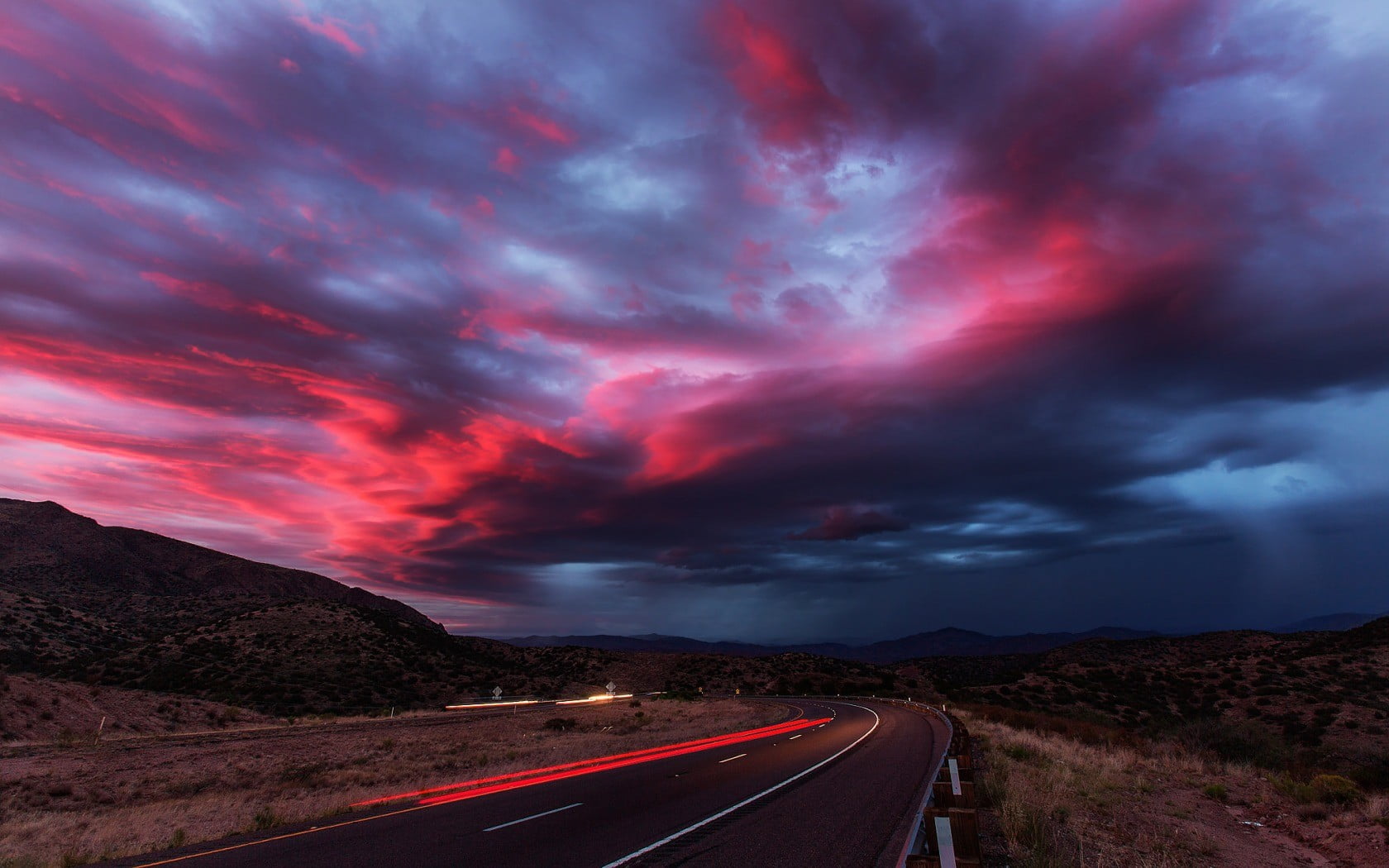 landscape, curve, clouds, rain, 720P, dramatic sky, asphalt, nature, sunlight, scenics - nature, cloud - sky, sky, outdoors, ominous, tranquility, beauty in nature, HD Wallpaper