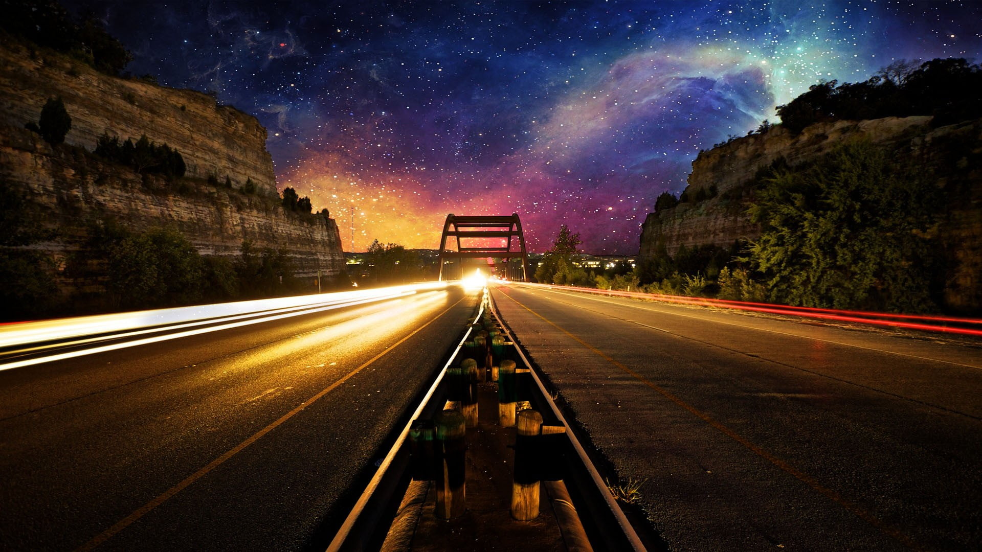 no people, space, star - space, astronomy, gray, lights, milky way, scenics - nature, space and astronomy, blurred motion, asphalt, nebula, night, light trail, HD Wallpaper