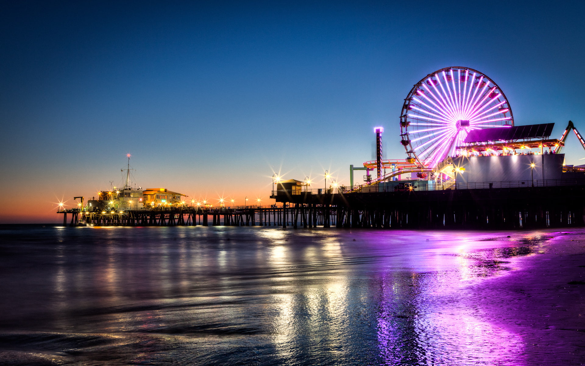 amusement, pier, sunset, skies, wheel, ferris, foam, sand, dock, colors, park, architecture, dusk, monica, reflection, neon, evening, sea, seascape, rides, HD Wallpaper