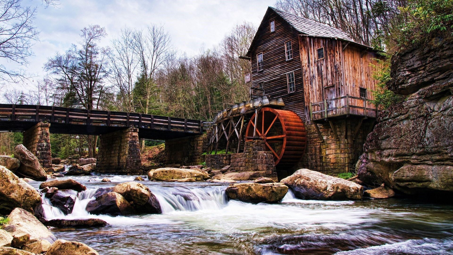 nature, river, landscape, 1080P, united states, stream, babcock state park, water, tree, bridge, west virginia, state park, glade creek grist mill, creek, HD Wallpaper
