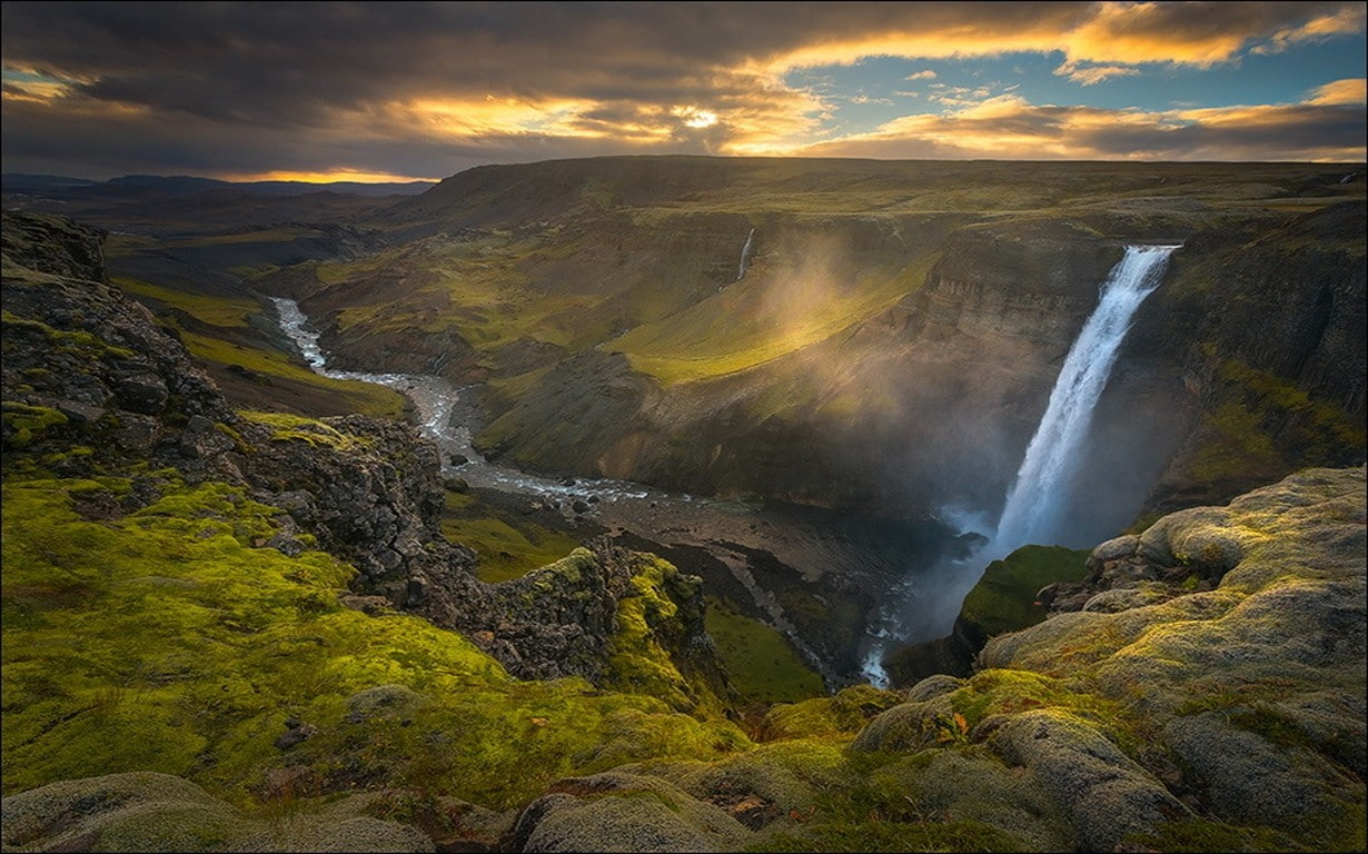 landscape, grass, sunset, clouds, waterfall, canyon, river, mist, nature, 480P, sky, summer, Iceland, HD Wallpaper
