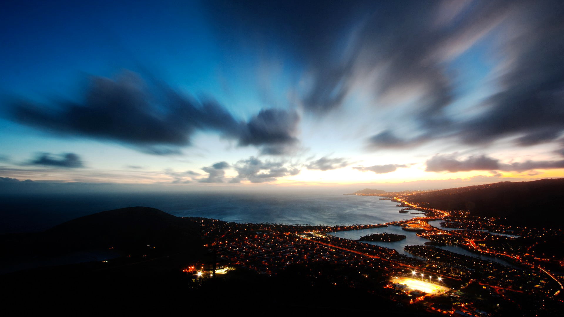 scenics, no people, dark, dusk, tranquility, horizon, cloudscape, sea, beauty In Nature, hill, mountain Peak, architecture, clouds, building exterior, water, HD Wallpaper