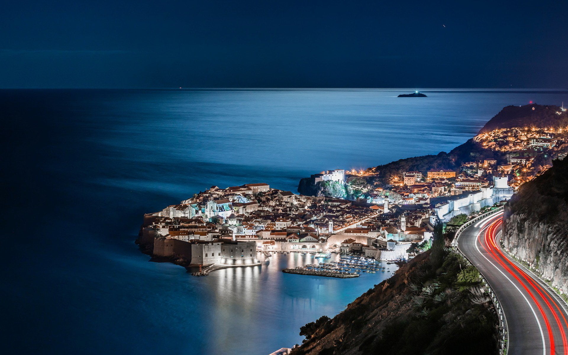 illuminated, blue, scenics - nature, cityscape, building, horizon over water, outdoors, Dubrovnik, sky, architecture, Ocean, transportation, high angle view, HD Wallpaper