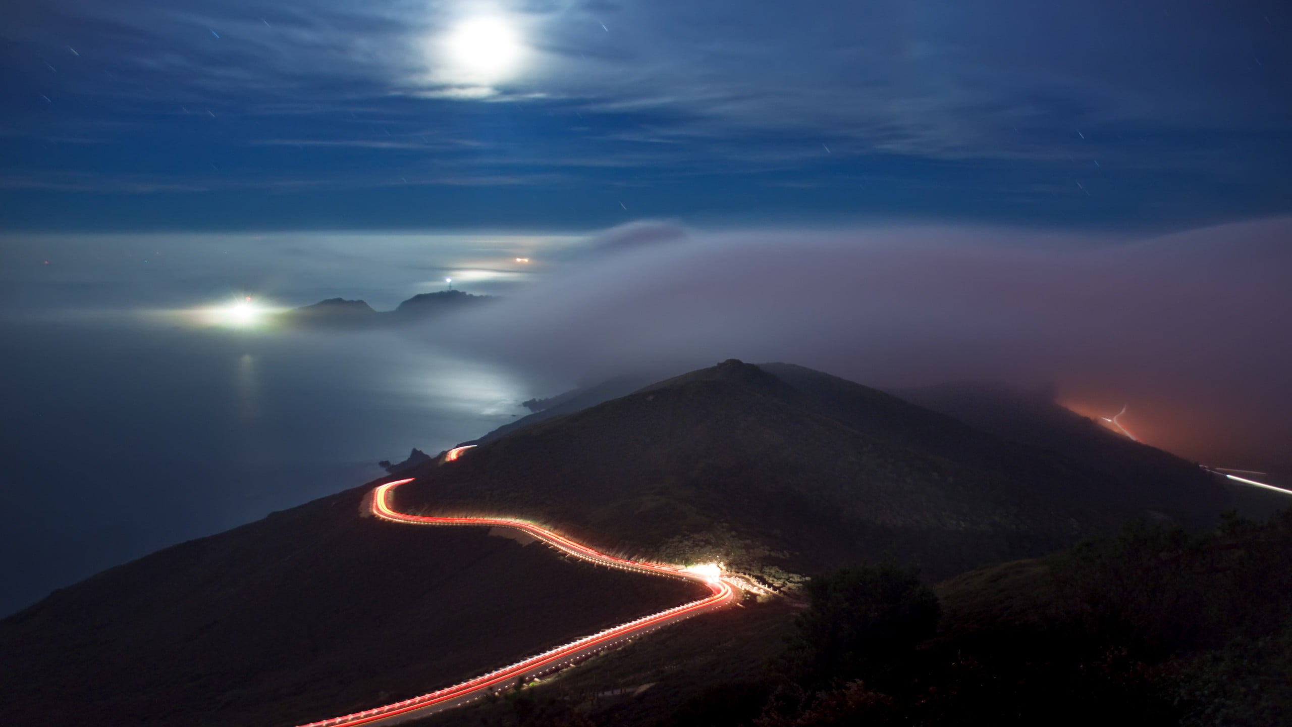road, coast, long exposure, tranquility, sky, photography, vehicle, no people, beauty in nature, sea, time, illuminated, lights, landscape, environment, HD Wallpaper