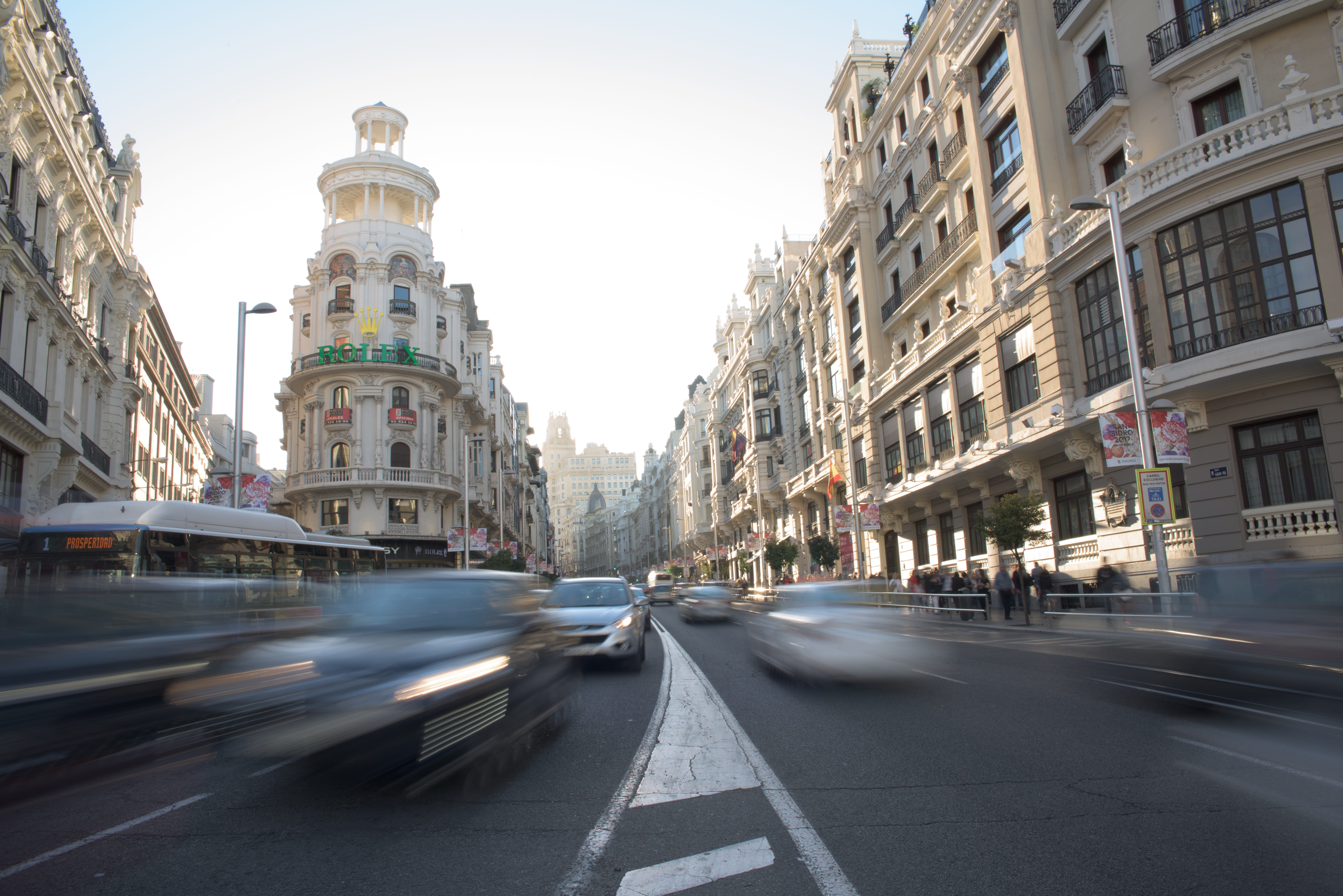 architecture, on the move, building exterior, spain, sky, buildings, urban, transportation, blurred motion, time, speed, outdoors, capital, gran vía, travel destinations, HD Wallpaper