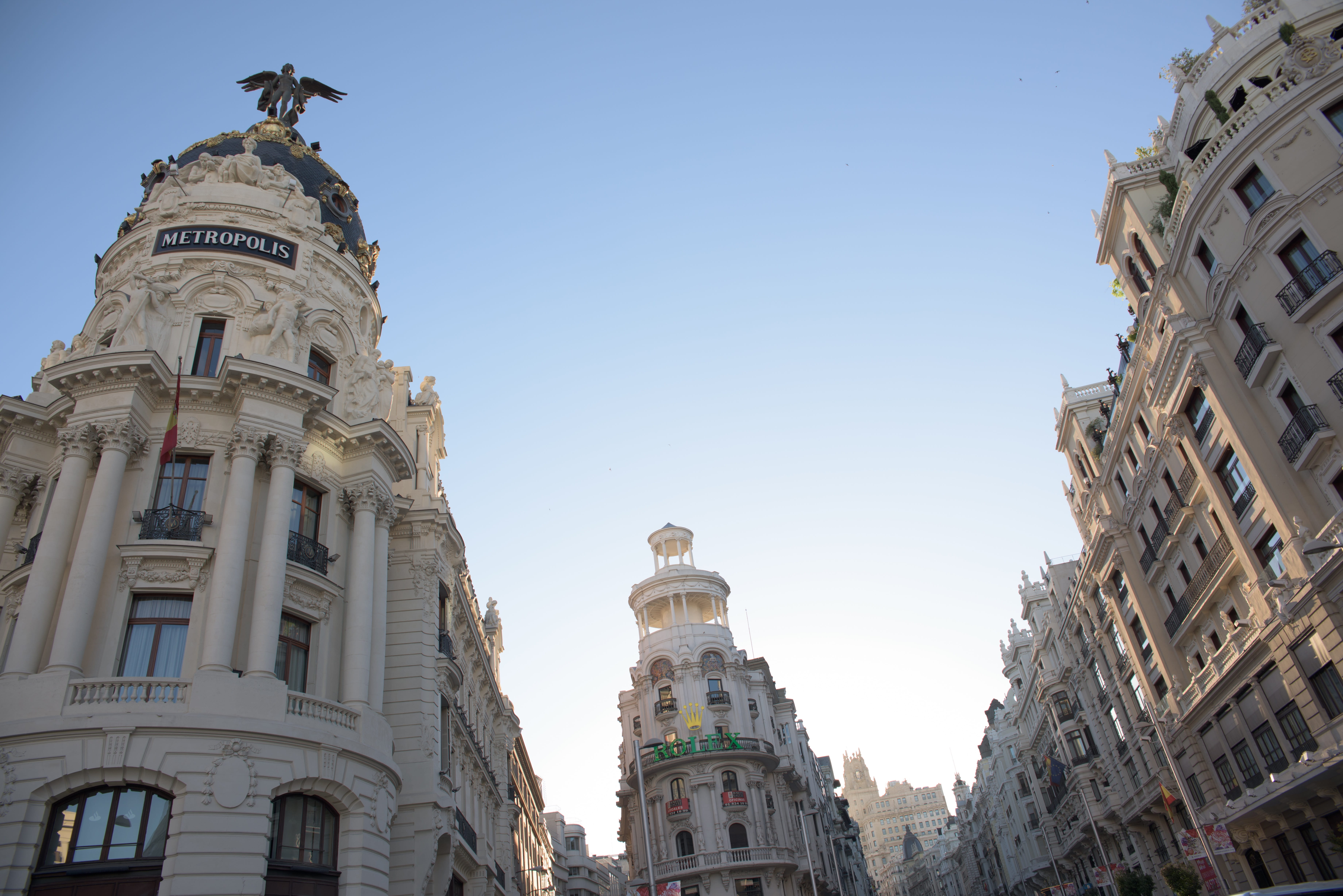 clear sky, building, low angle view, capital, nature, day, spain, skyscrapers, outdoors, white, spirituality, madrid, travel destinations, blue, city, gran vía, HD Wallpaper