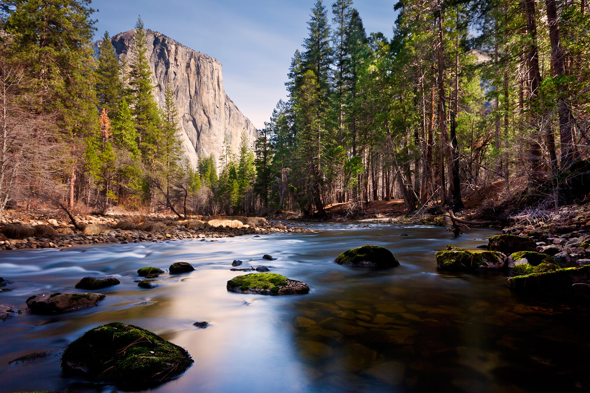 outdoors, waterfall, river, nature, time, 1080P, distance, flowing, stream, in between, forest, trees, merced, beauty In Nature, rocky, Merced river, hill, HD Wallpaper
