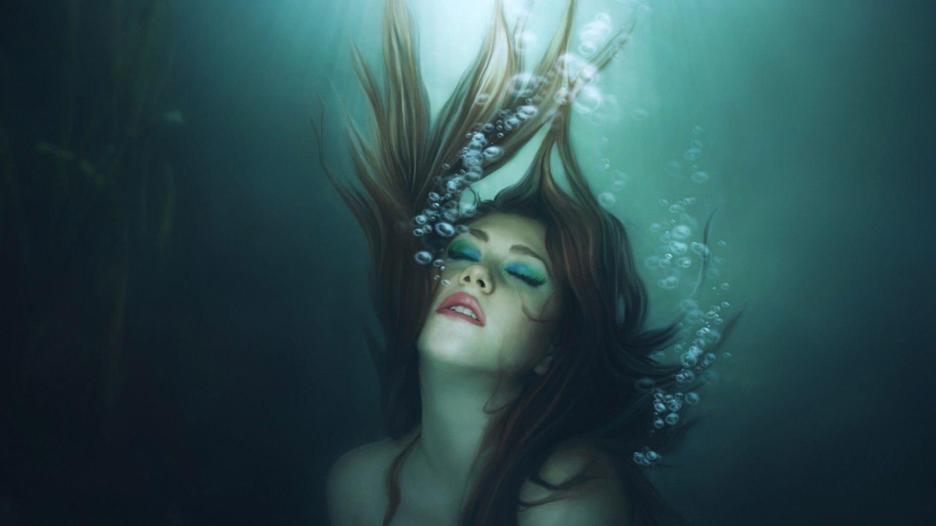 eyes, 1080P, underwater, drowning, closing, water, fantasy, girl, woman, 1920x1080, bubble, illustration, HD Wallpaper