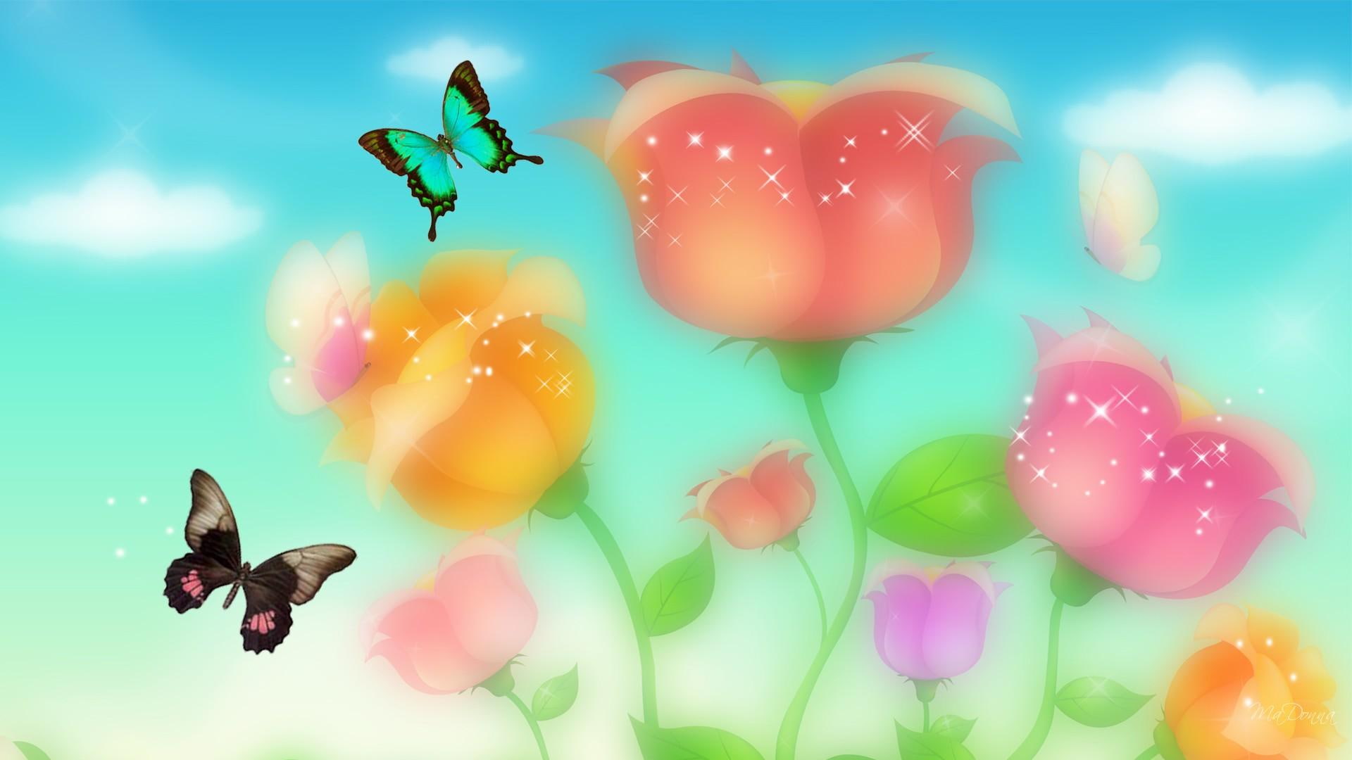 tulips, summer, butterflies, blurred, pastels, flowers, 1080P, illustration, spring, 3d and abstract, butterfly, stars, flower, clouds, HD Wallpaper