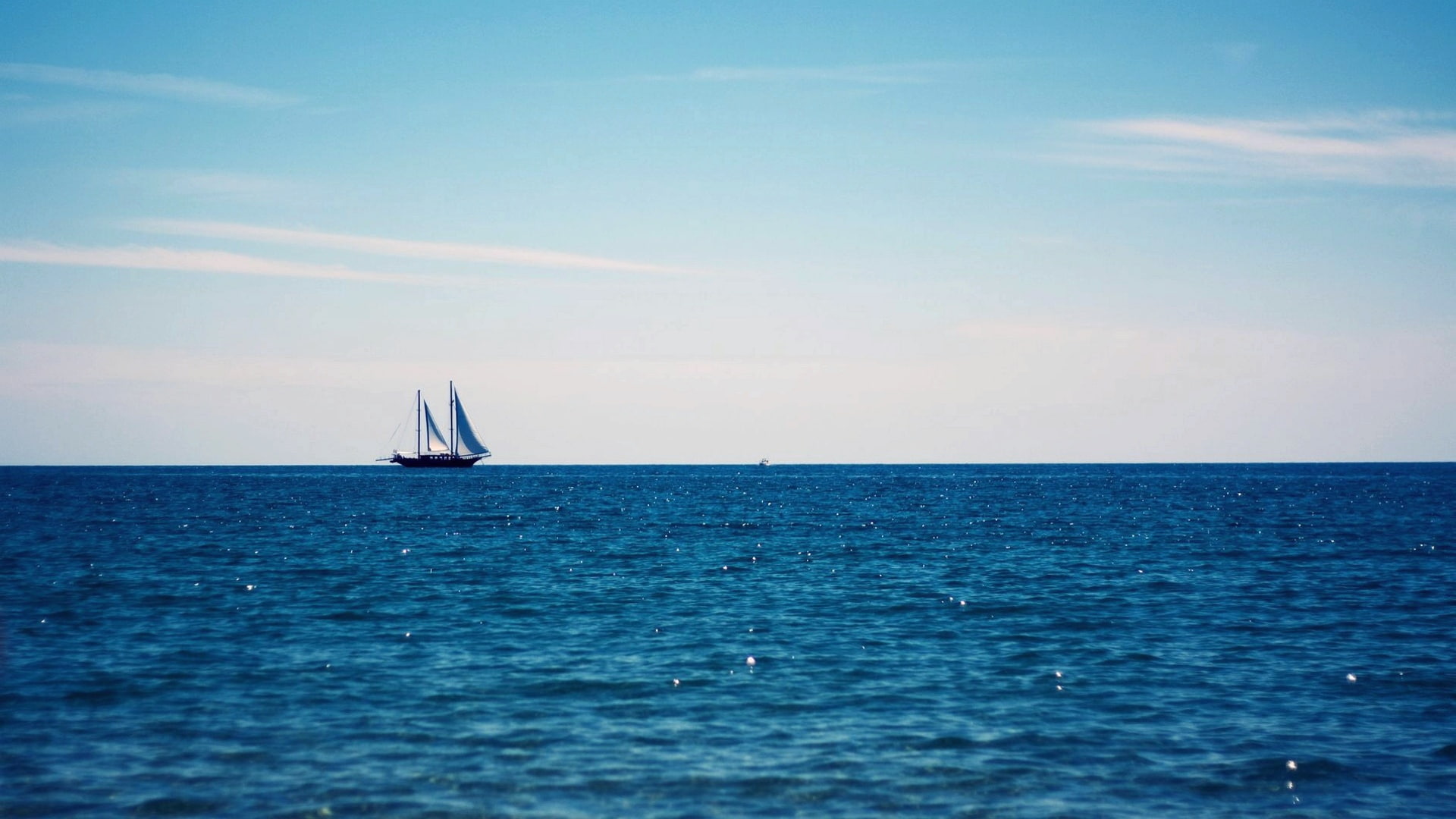 Sailboat, away, 1080P, art, far, oceans, ocean, nature, boat, hd, blue, water, sky, blue sky, HD Wallpaper