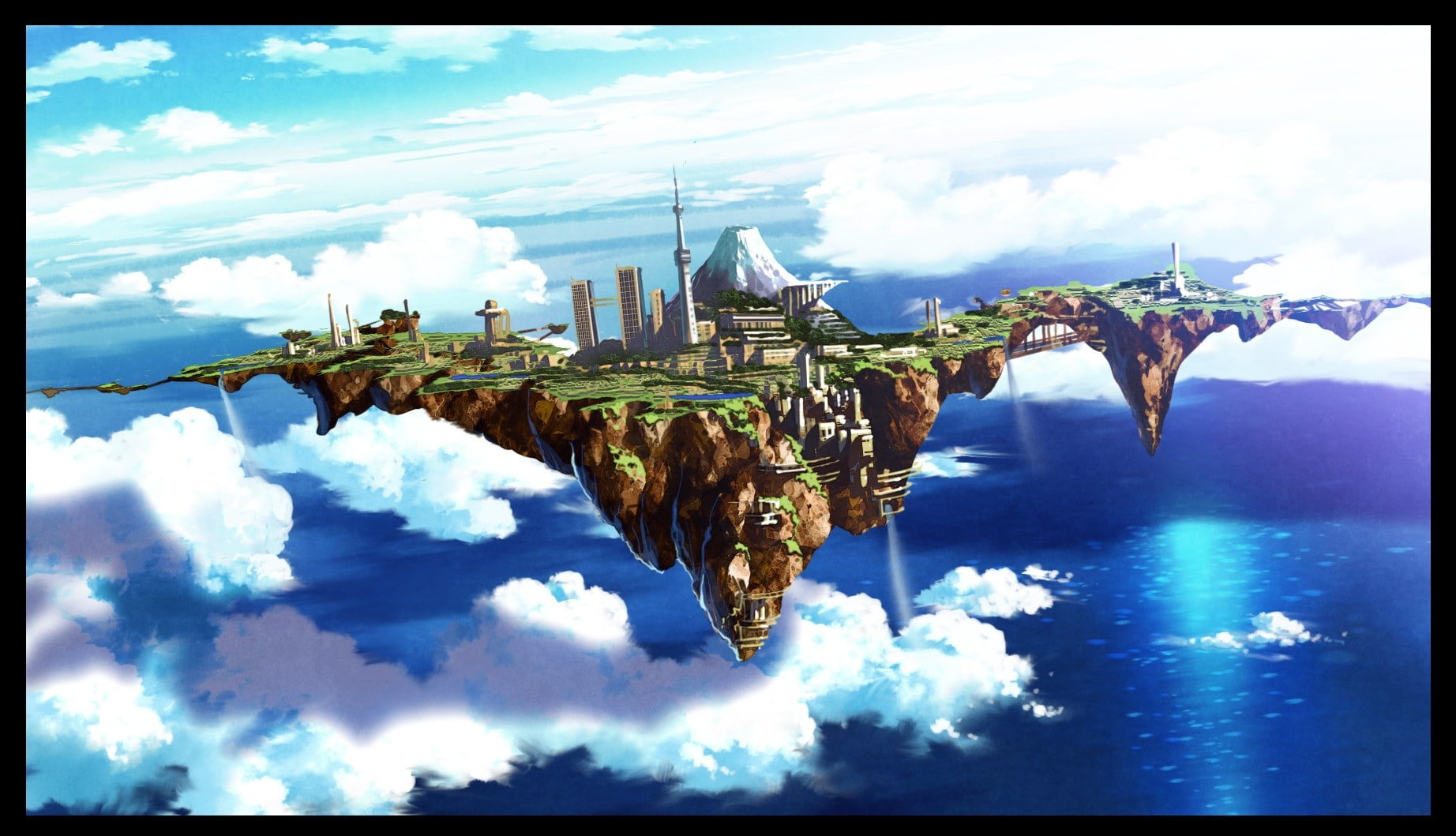 art, fantasy art, fantasy, ocean, hd, anime, sea, city in the sky, Clouds, skies, 720P, blue, city, sky, cities, nature, HD Wallpaper