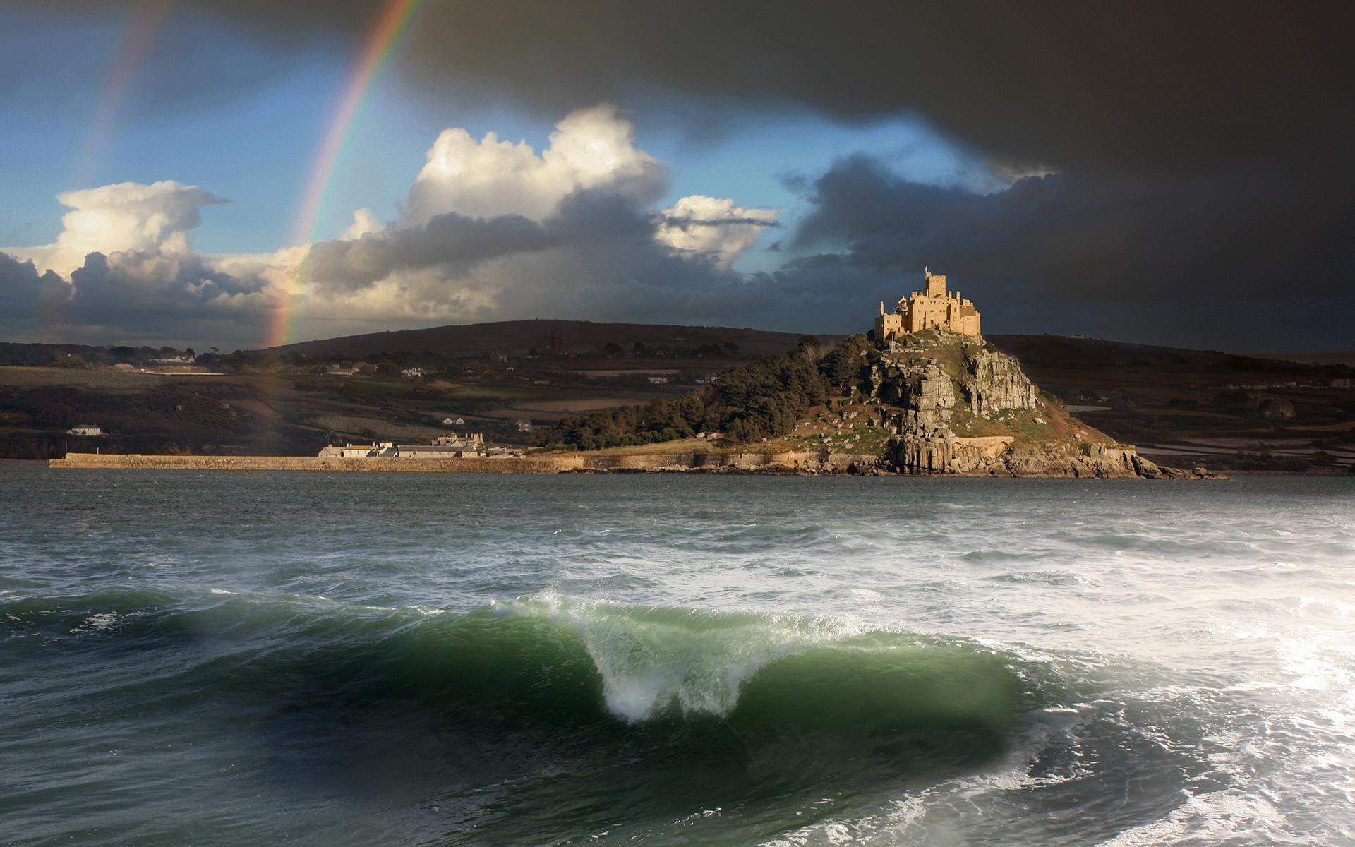 waves, hd, sky, 1080P, rainbow, castle, buildings, landscape, architecture, coast, landscapes, sea, ocean, clouds, pictures, storm, HD Wallpaper