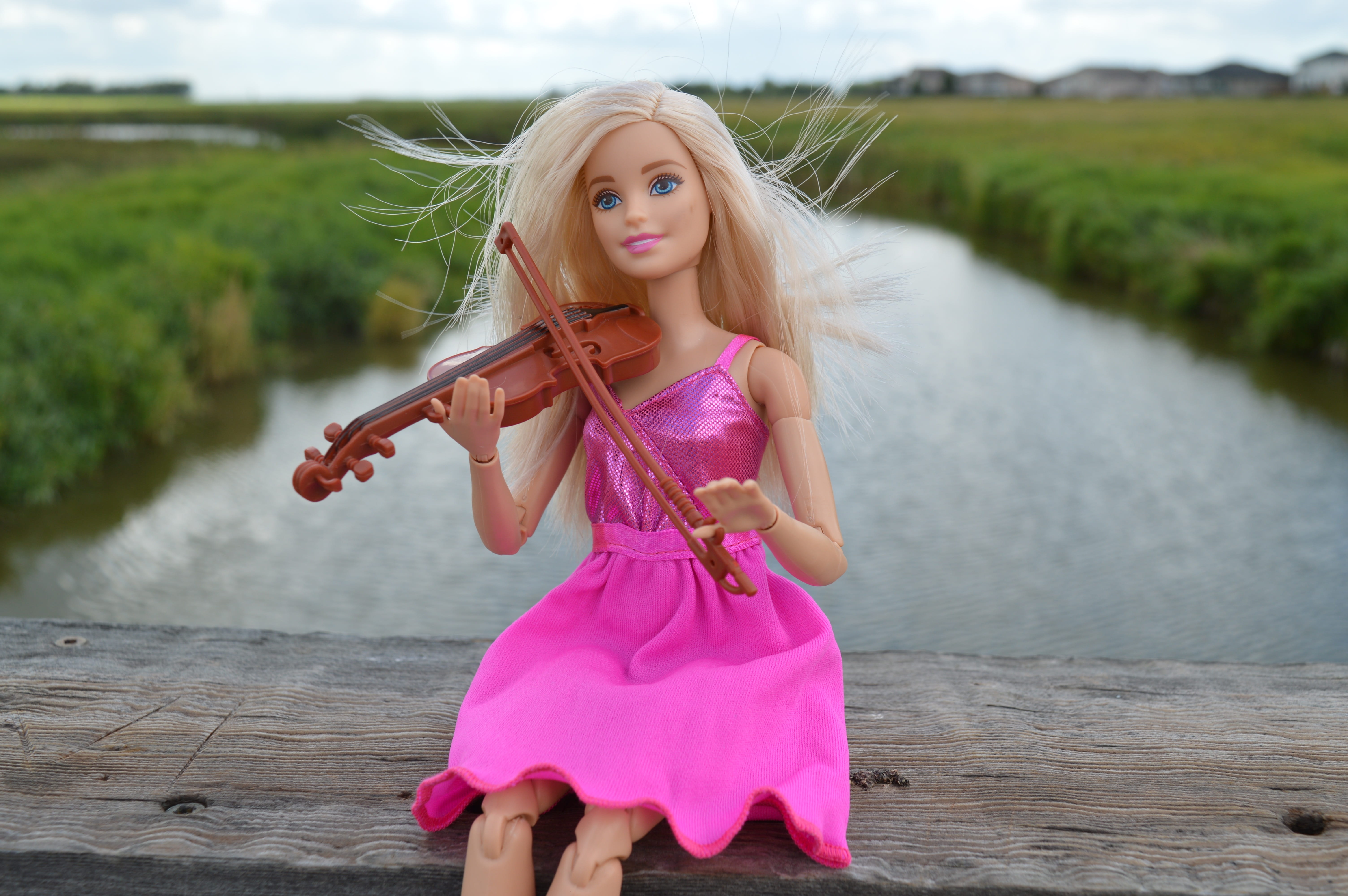 hairstyle, innocence, day, full length, barbie, water, musical, blonde, outdoors, toy, front view, women, wooden, musician, dress, play, long hair, brown, HD Wallpaper