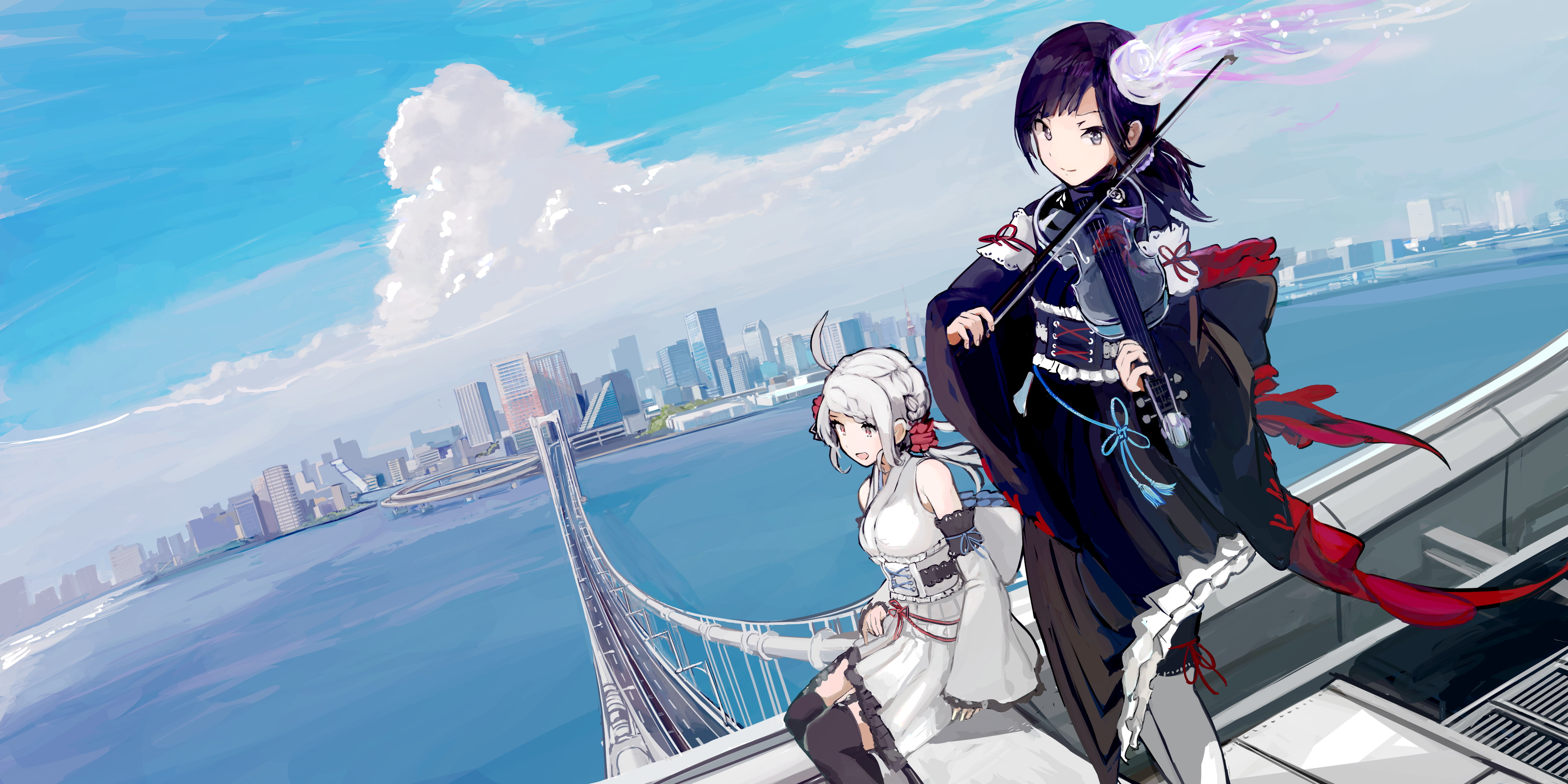 bridge, anime girls, musical instrument, cityscape, 4K, anime, violin, sky, HD Wallpaper