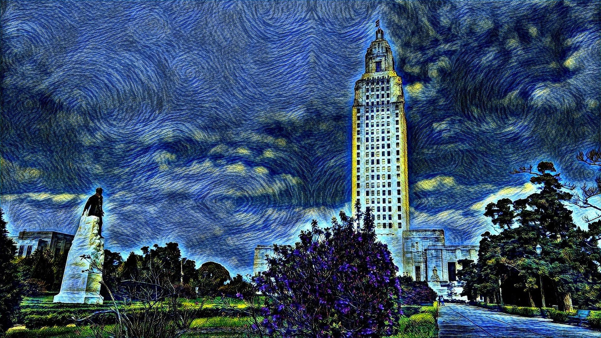 no people, starry sky, tree, painting, sky, 1080P, starry night, building, state capitol building, tall - high, building exterior, outdoors, van gogh, HD Wallpaper