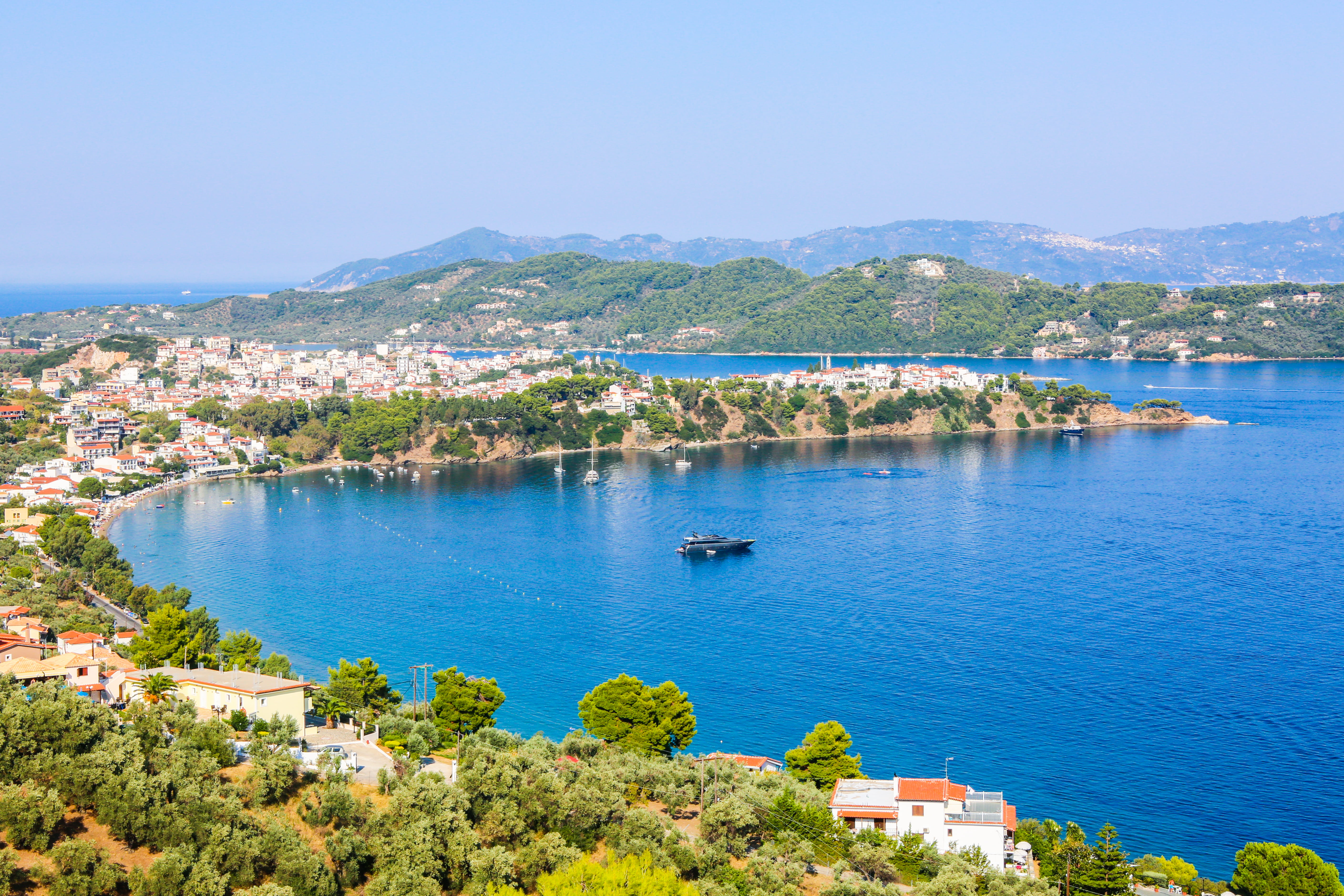 5K, greece, plant, luxury, yacht, building exterior, travel, tree, nature, sea, water, sky, travel destinations, nautical vessel, seaside, blue, day, summer, HD Wallpaper
