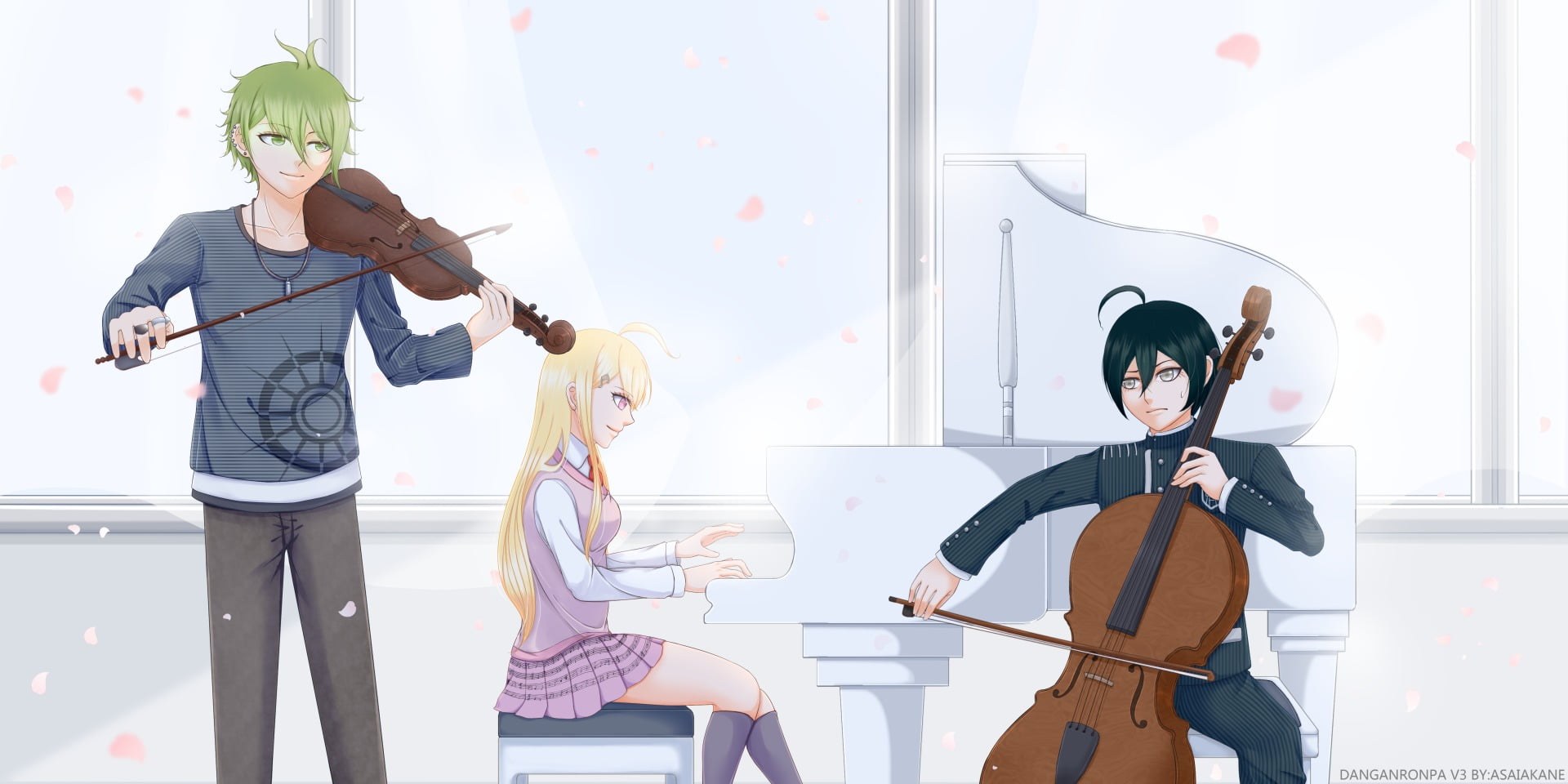 Rantaro Amami, lifestyles, casual clothing, window, women, real people, music, holding, Shuichi Saihara, 1080P, playing, females, Kaede Akamatsu, happiness, HD Wallpaper