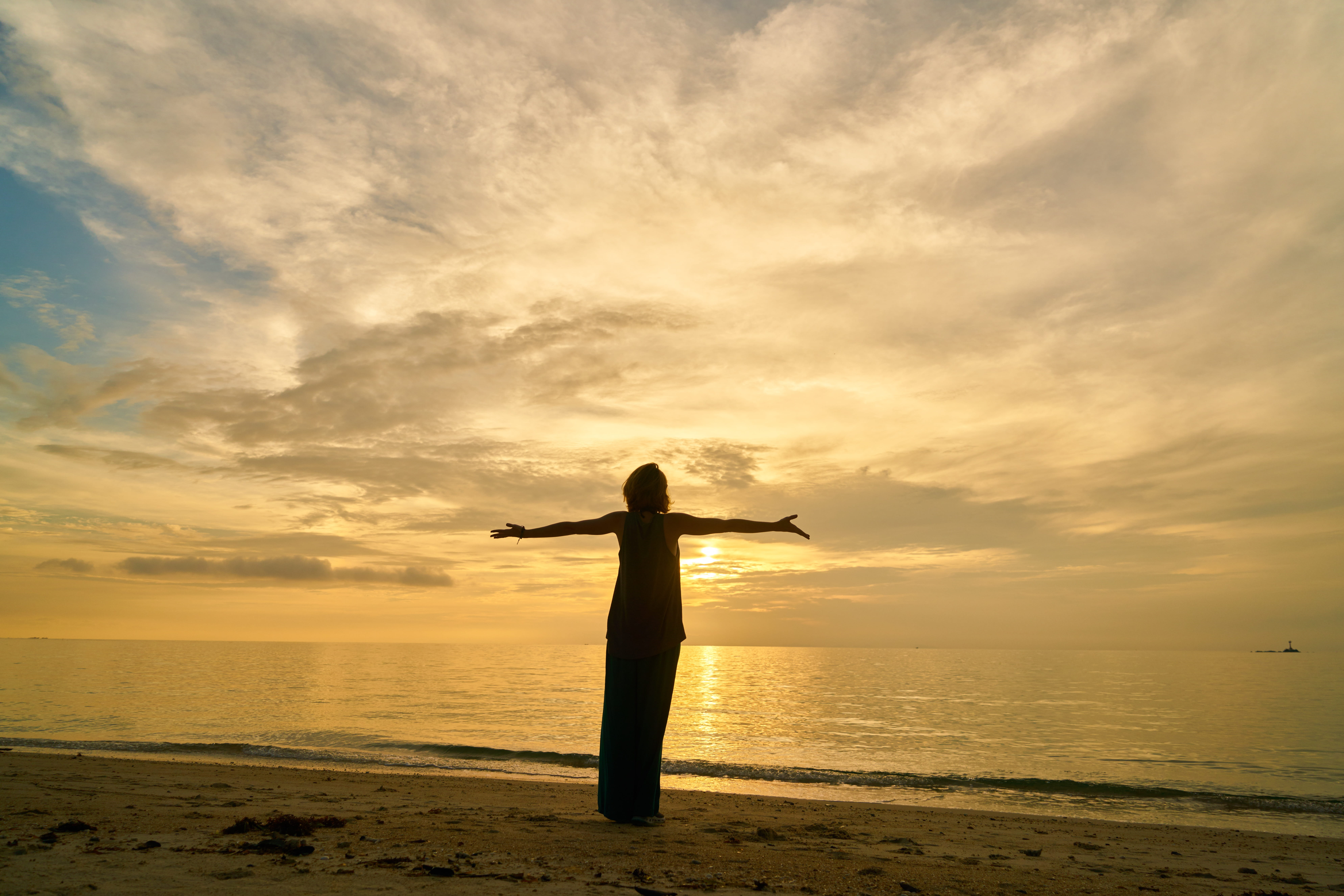 horizon, scenics - nature, outdoors, land, nature, water, freedom, body, ladies, silhouette, arms outstretched, tranquil scene, positive, leisure activity, HD Wallpaper