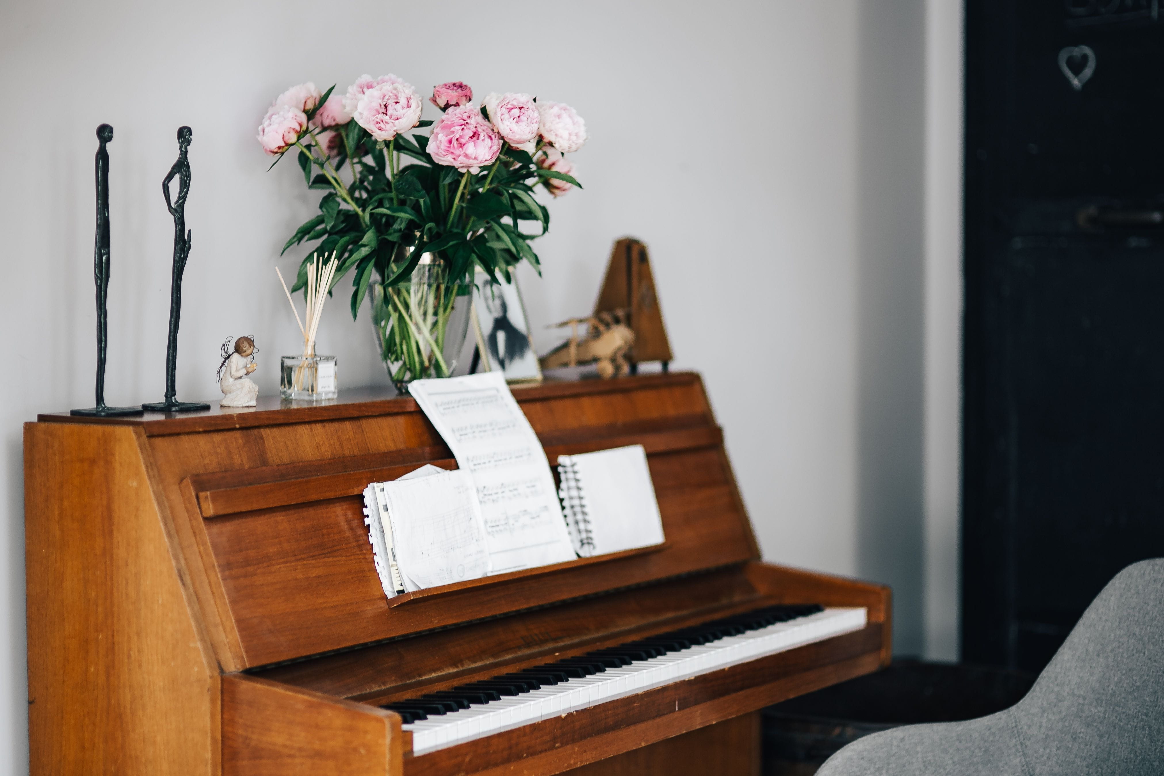 indoors, musical equipment, no one, flower, flower head, wooden, sheet music, flowering plant, nature, no people, freshness, bunch of flowers, indoor, arrangement, HD Wallpaper