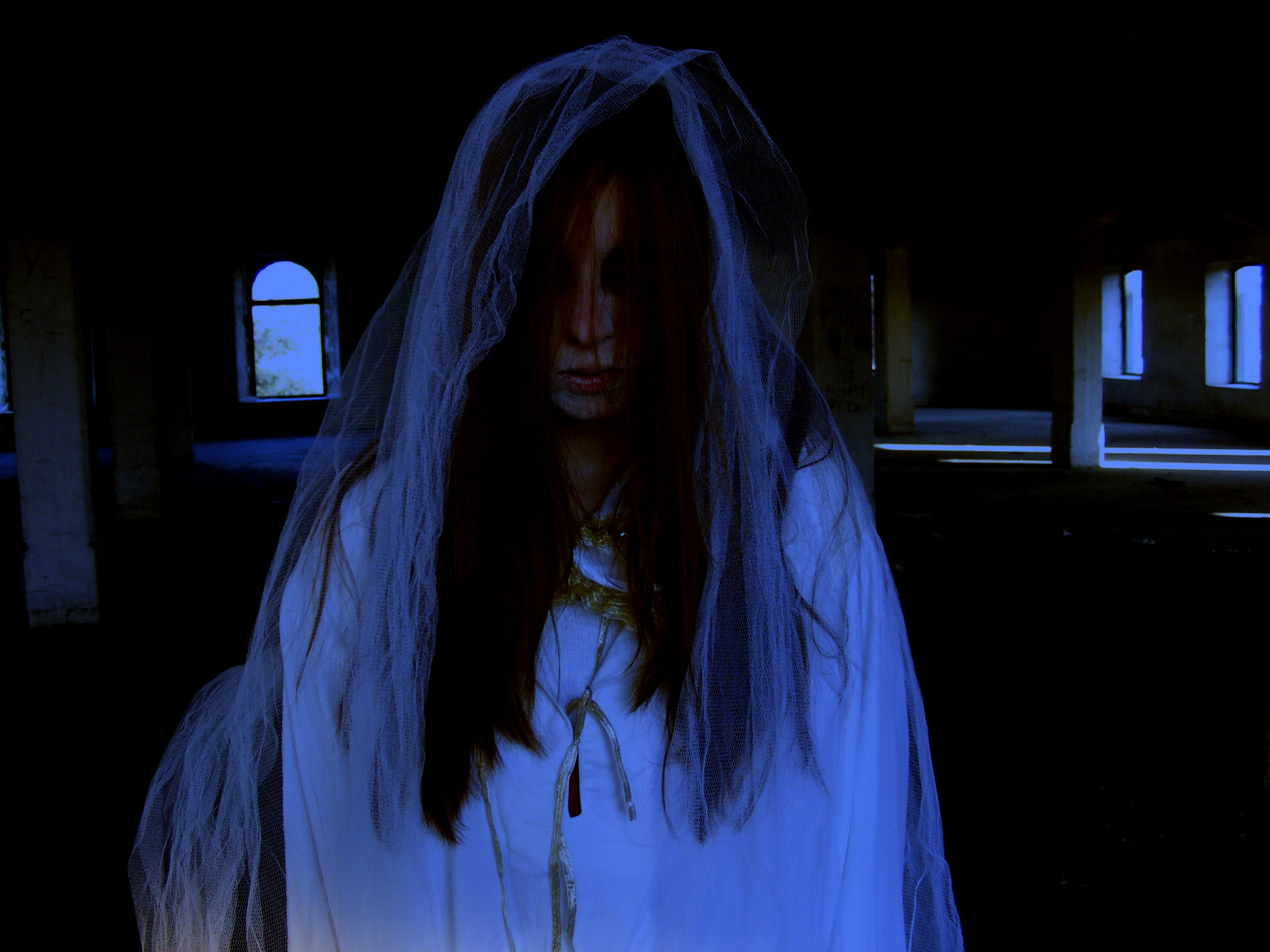 adult, hood - clothing, hair, veil, wearing, real people, front view, dark, bride, indoors, one person, spooky, ghost, lifestyles, portrait, fear, woman, HD Wallpaper