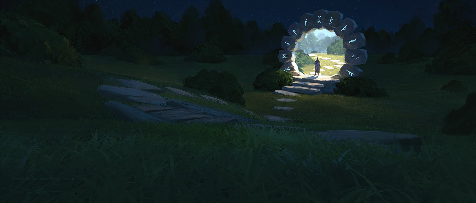 digital art, 1080P, landscape, fantasy art, field, portal, Thomas Stoop, runes, HD Wallpaper