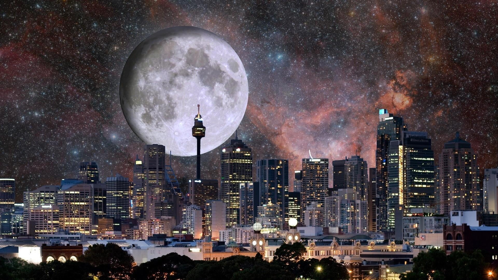 digital composite, landscape, space, nightsky, planetary moon, cityscape, office building exterior, 1080P, building, night sky, financial district, stars, HD Wallpaper