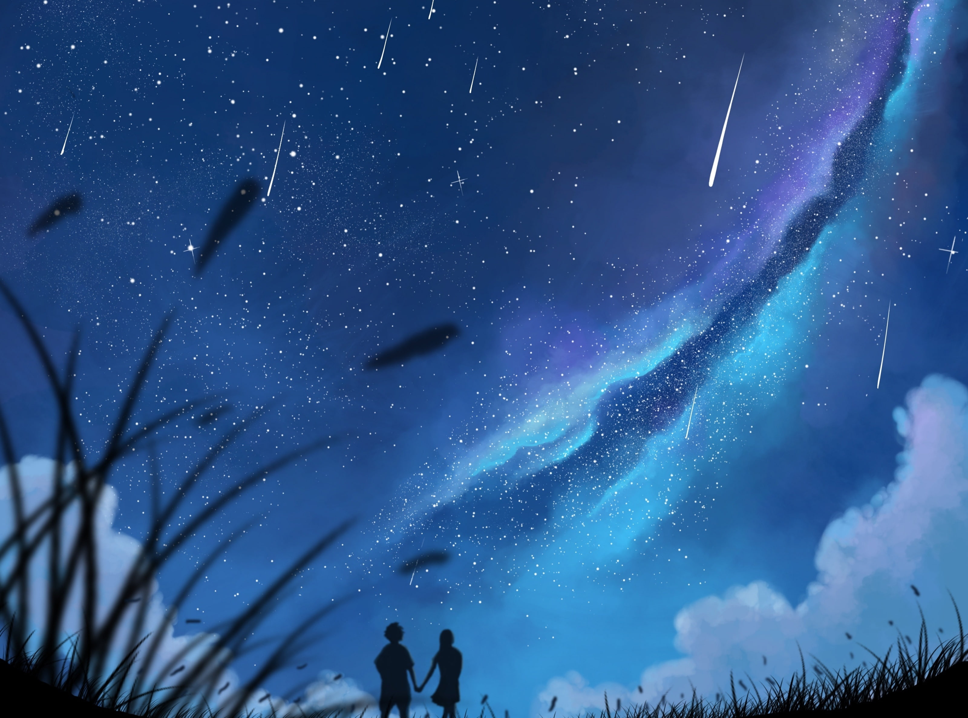 2K, people, star - space, purple, silhouette, Romantic, outdoors, stars, blue, shootingstars, sky, shooting, truelove, constellation, low angle view, real people, HD Wallpaper