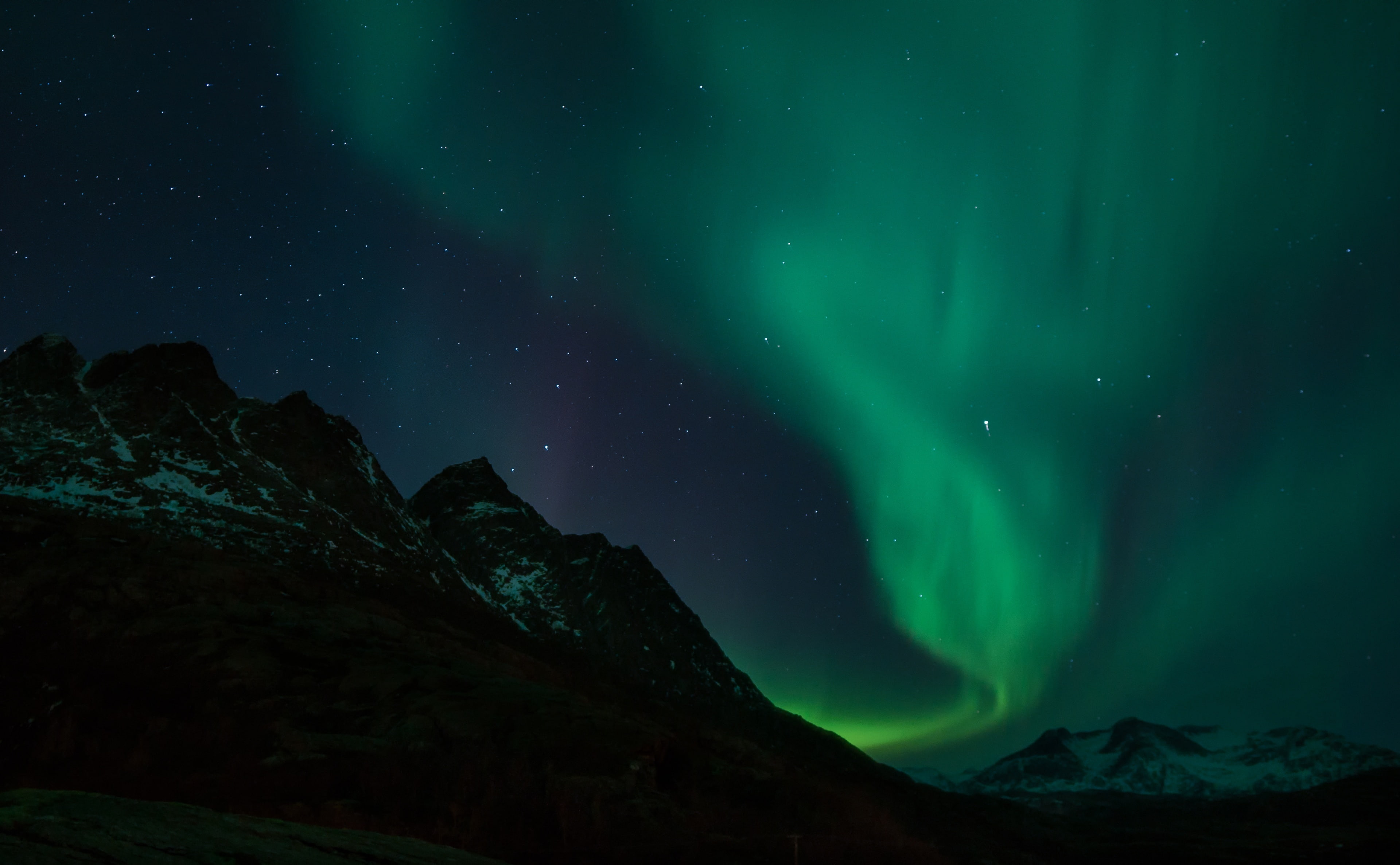 4K, valvika, snowcapped mountain, astrology, bodokommune, mountain range, green color, Aurora, Nordland, auroraborealis, nordlys, tranquility, star - space, HD Wallpaper