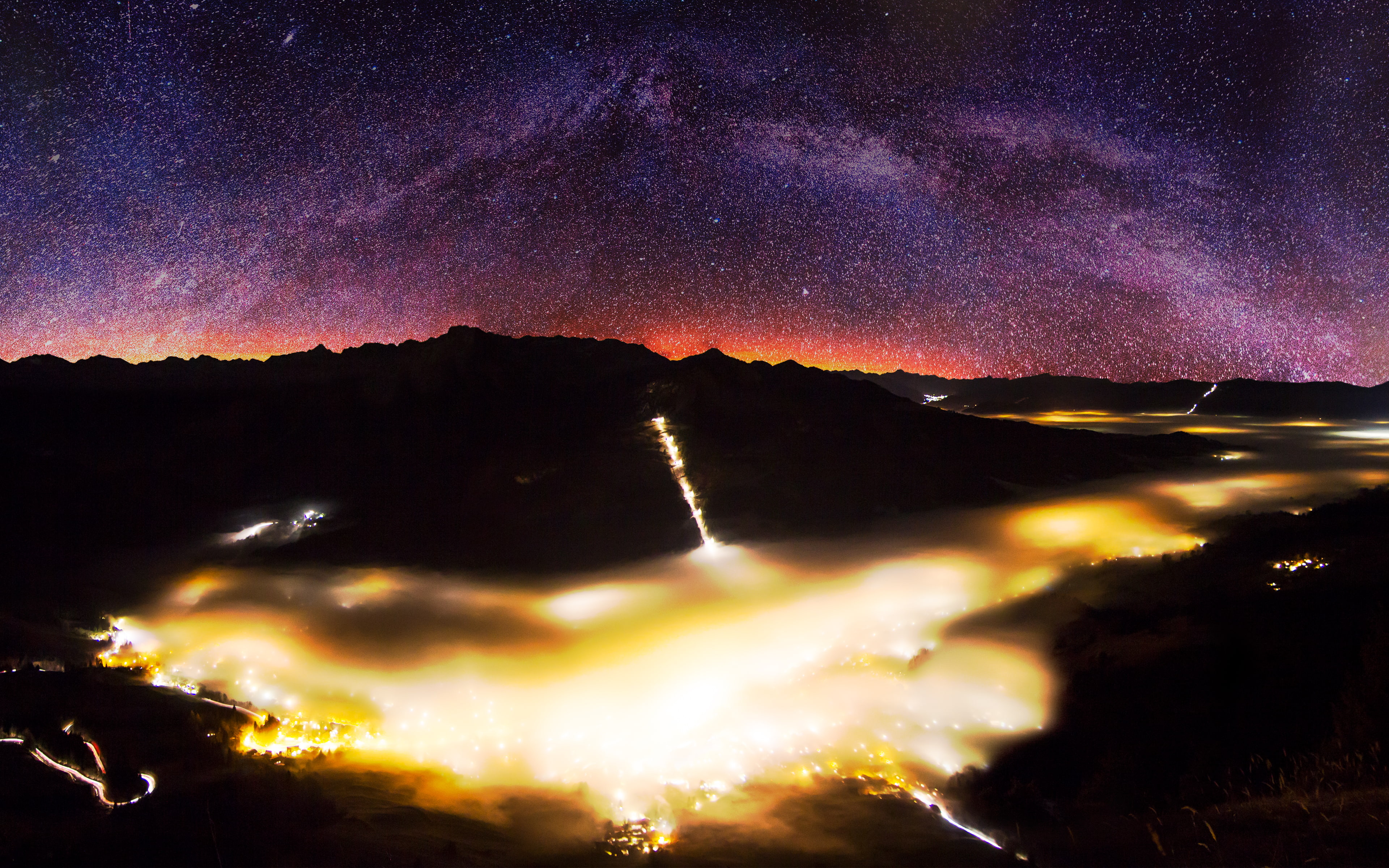 citylights, milky way, longexposure, nightsky, scenics - nature, amazing, no people, idyllic, stars, bavariagermany, milky, mountain, 4K, environment, HD Wallpaper