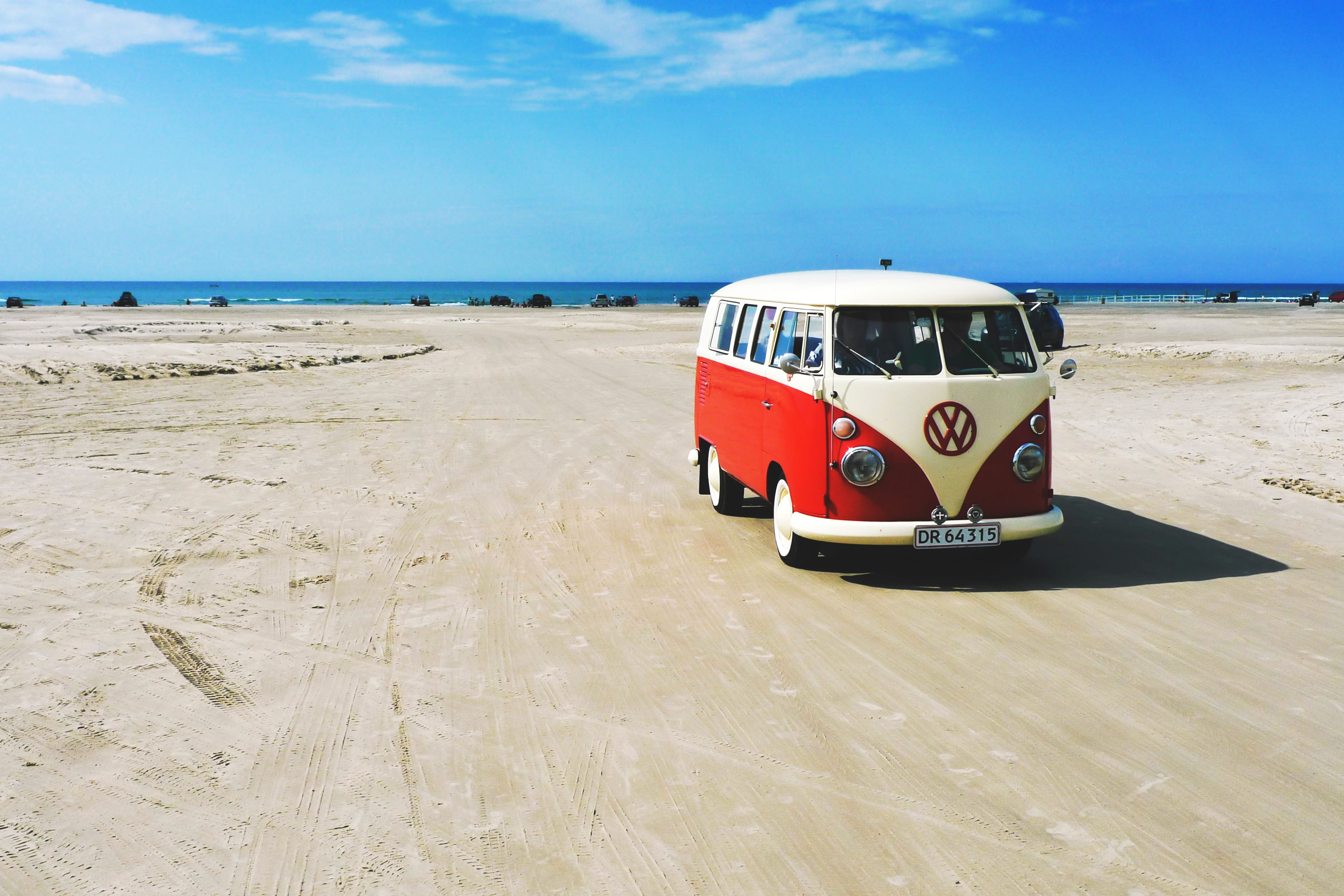 volkswagen, van, sky, motion, land, nature, outdoors, sea, incidental people, mode of transportation, sand, travel, car, horizon over water, day, cloud - sky, HD Wallpaper