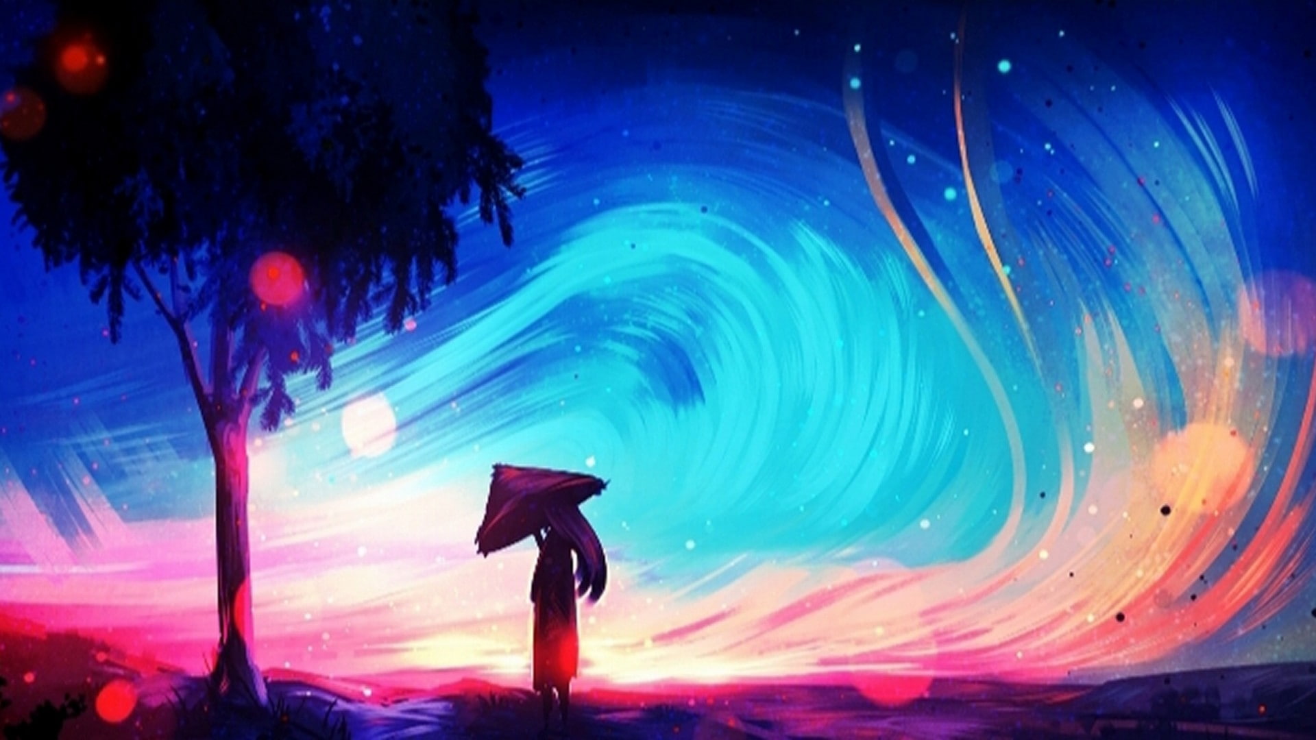 asian, bokeh, asian girl, fantasy art, art, wind, woman, umbrella, girl, painting, 1080P, HD Wallpaper
