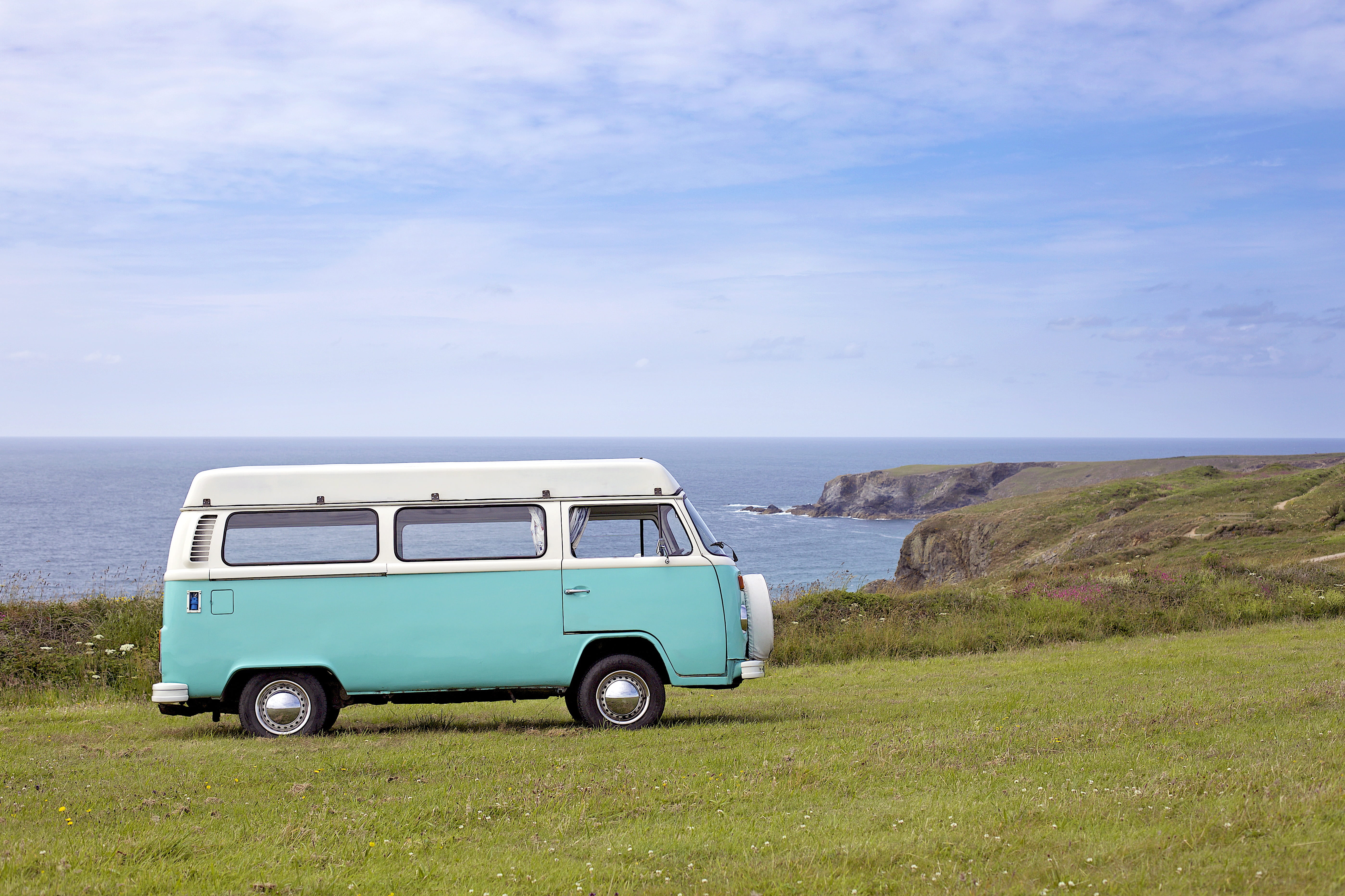 sky, green color, near, sea, parked, 5K, landscape, land, nature, van, day, no people, grass, vehicle, field, daytrime, green, outdoors, coast, scenics - nature, HD Wallpaper