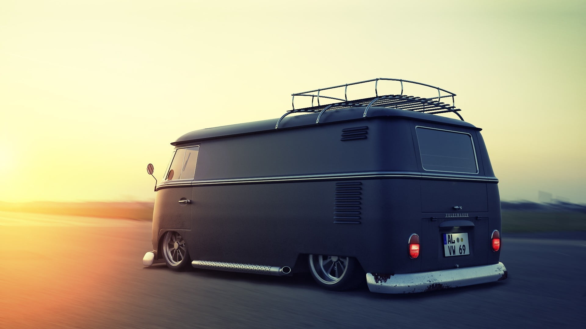 red, 1080P, outdoors, day, sunlight, road, motor vehicle, sky, copy space, car, vans, Volkswagen, tuning, travel, no people, mode of transportation, sunset, HD Wallpaper