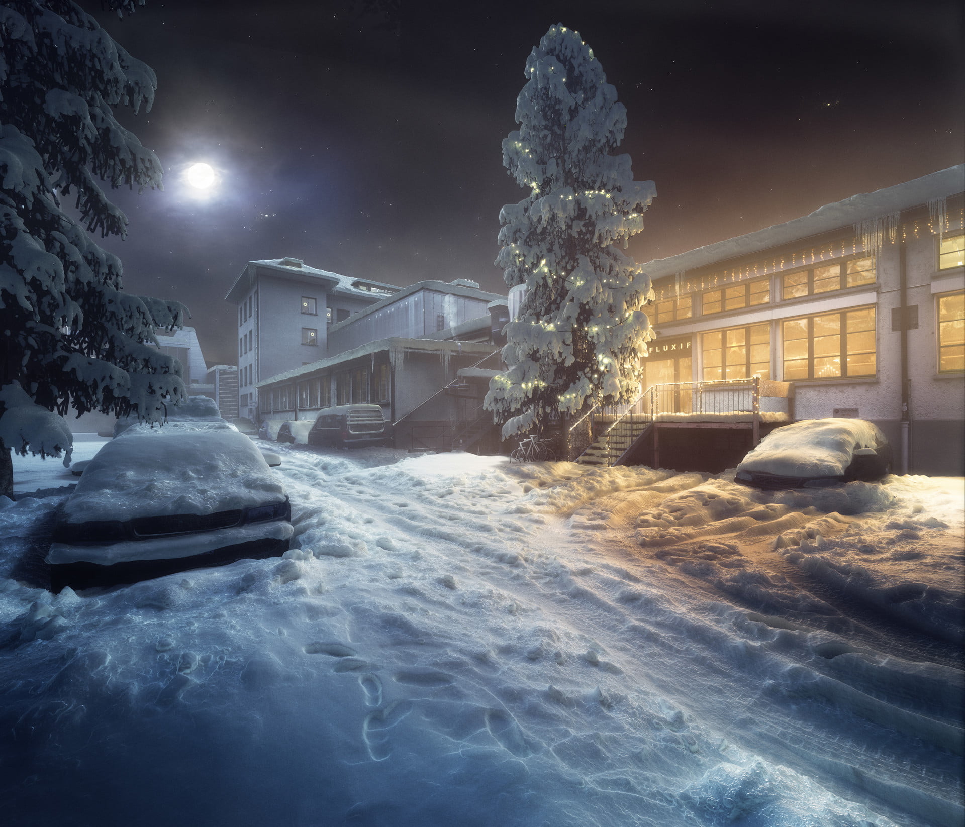 night, snow covered, car, christmas lights, lights, trees, snow, 1080P, tracks, dark, stars, winter, Moon, sky, HD Wallpaper
