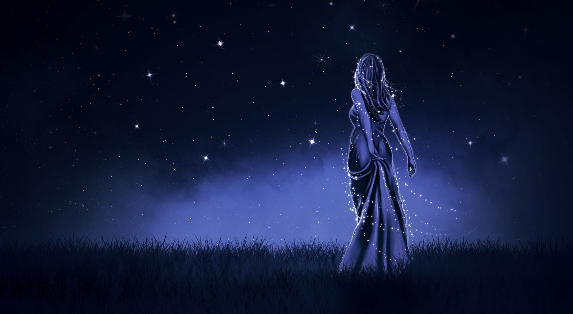 1080P, outdoors, woman, space, scenics - nature, Blue, field, no people, beauty in nature, dark, galaxy, grass, land, nightsky, astronomy, purple, plant, HD Wallpaper