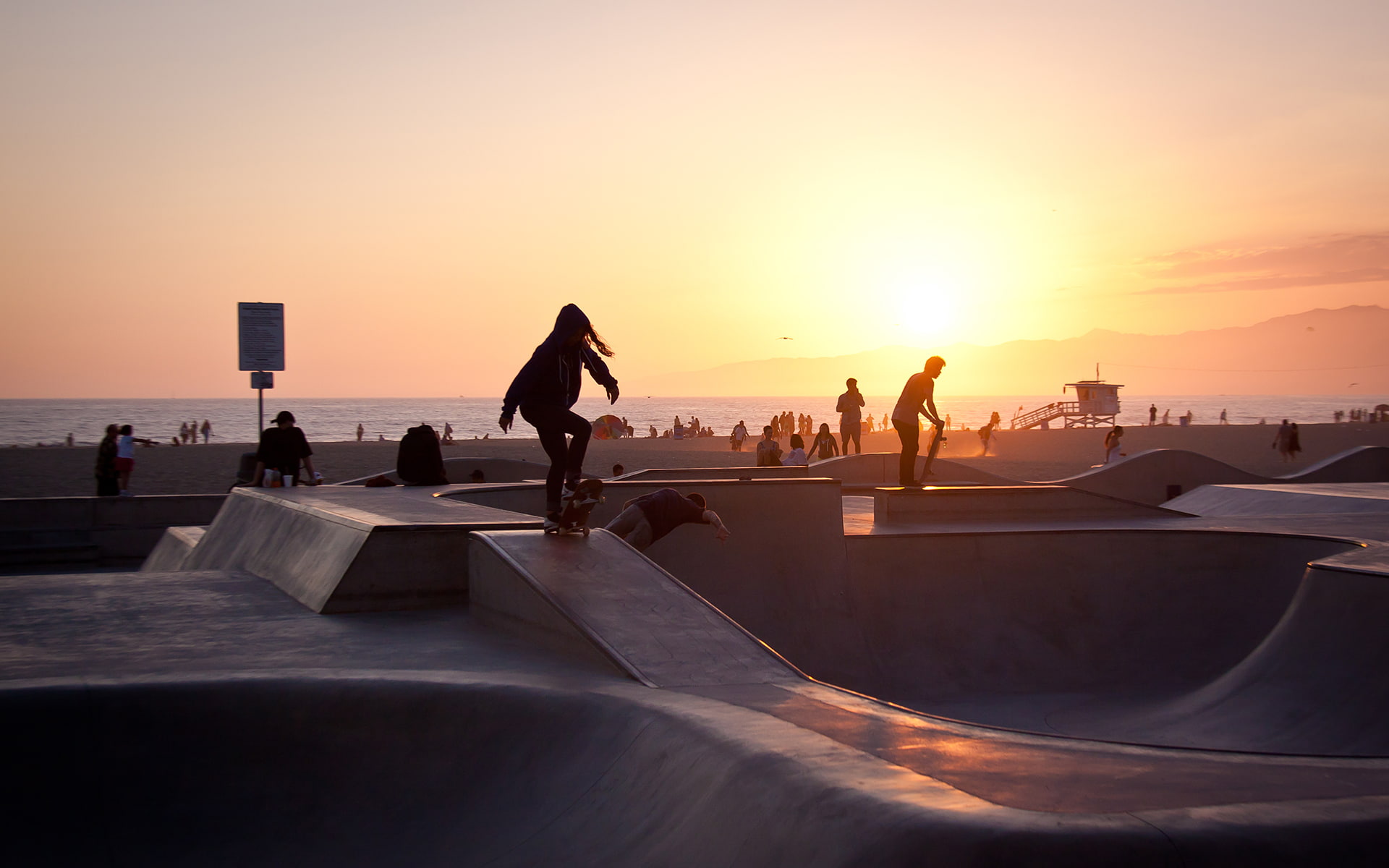 man, california, 1080P, summer, usa, silhouette, venice beach, sunset, skater, skating, los angeles, HD Wallpaper