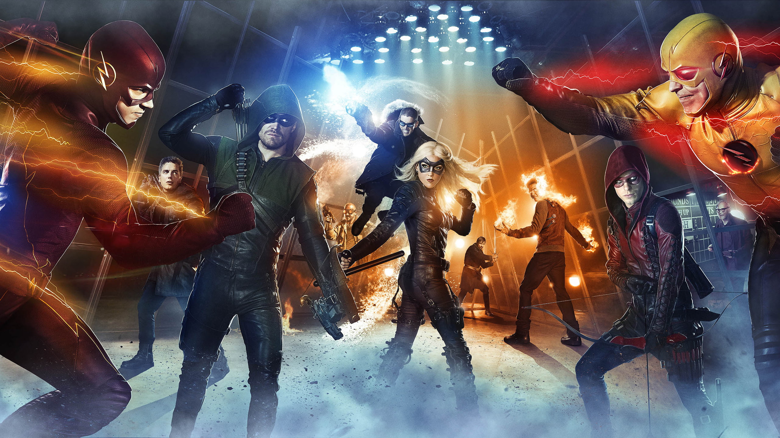 2K, Katie Cassidy, Stephen Amell, Malcolm Merlyn, Captain Cold, Arrow, Grant Gustin, Black Canary, Wentworth Miller, Dominic Purcell, Heat Wave (DC Comics), HD Wallpaper