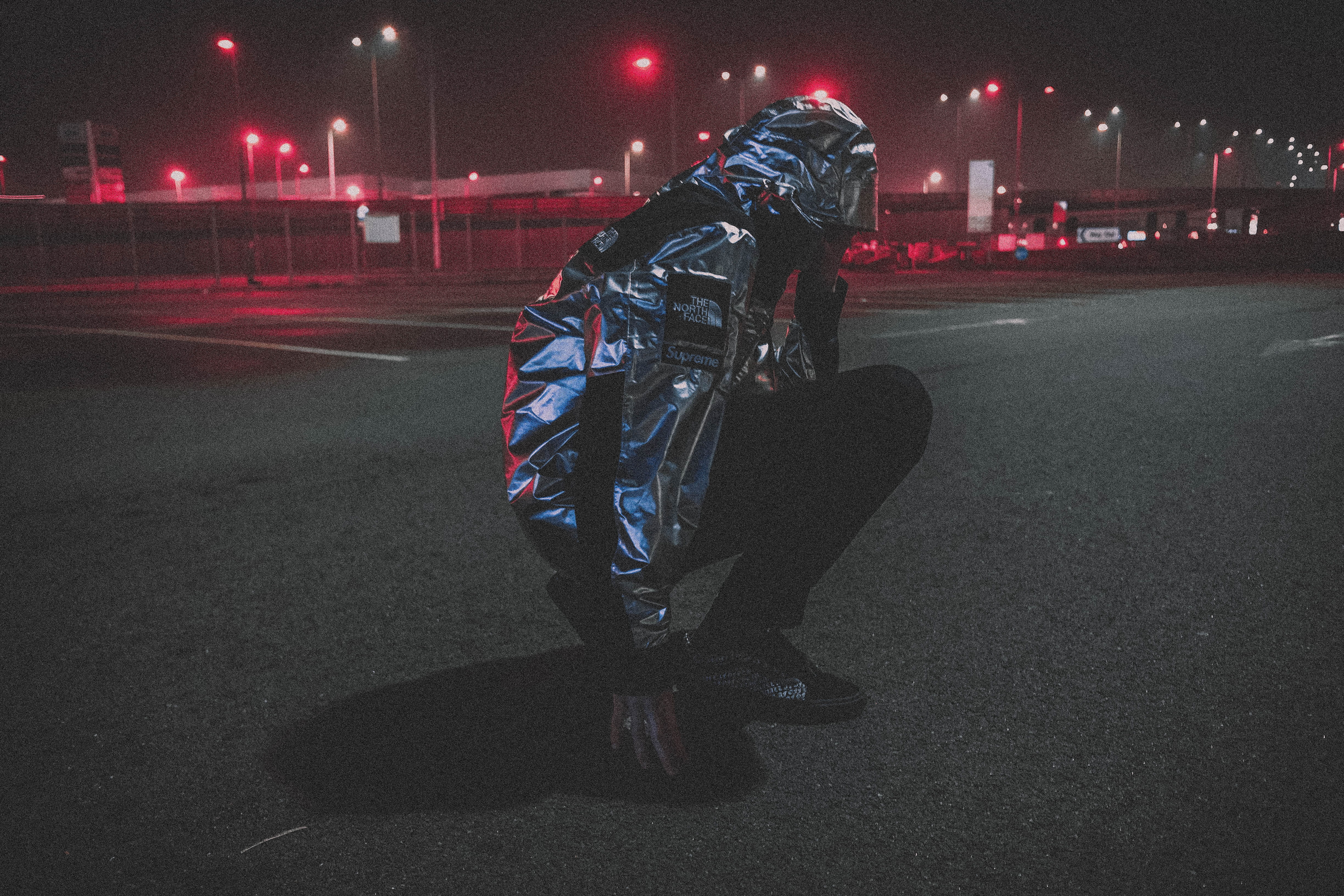 full length, hypebeast, urban, red, light, warm clothing, casual clothing, one person, north face, lifestyles, clothing, transportation, standing, obscured face, HD Wallpaper