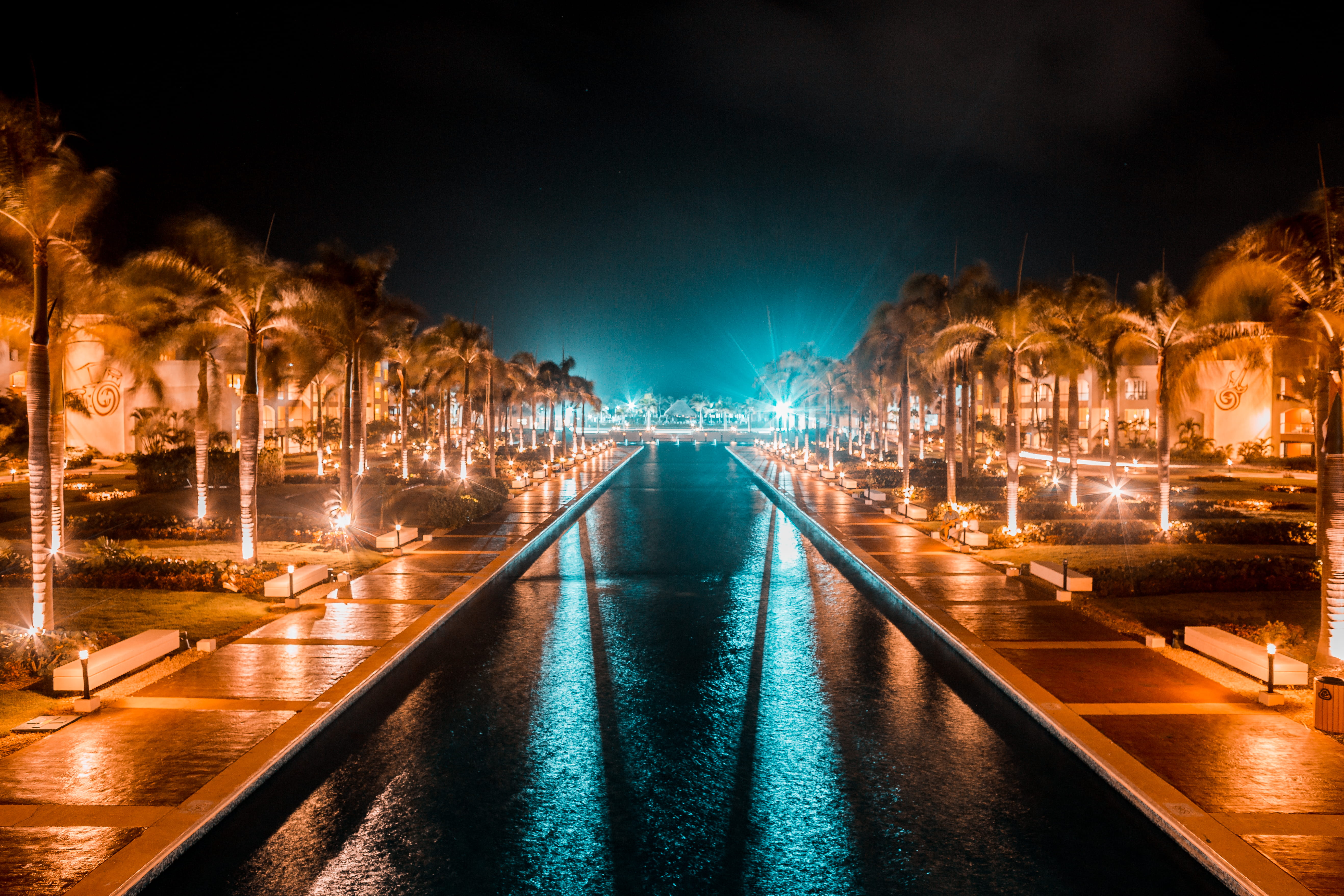 canon, lighting equipment, swimming pool, dominican republic, hard rock hotel and casino punta cana, nature, no people, summer, reflection, palm trees, HD Wallpaper