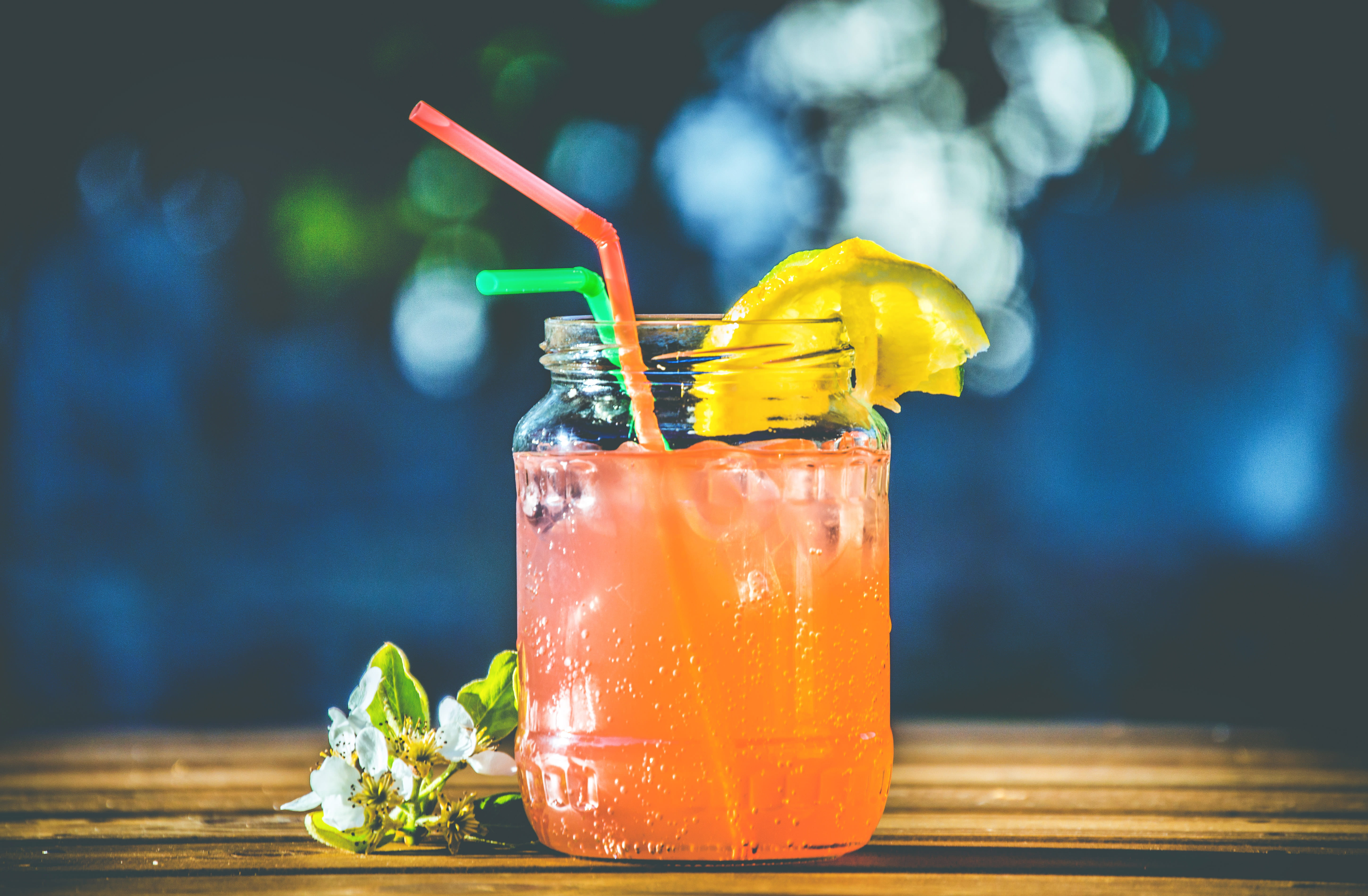 outdoors, drinking straw, fruit, orange, table, 5K, food and drink, garnish, citrus fruit, mint leaf - culinary, drinking glass, focus on foreground, pink, HD Wallpaper
