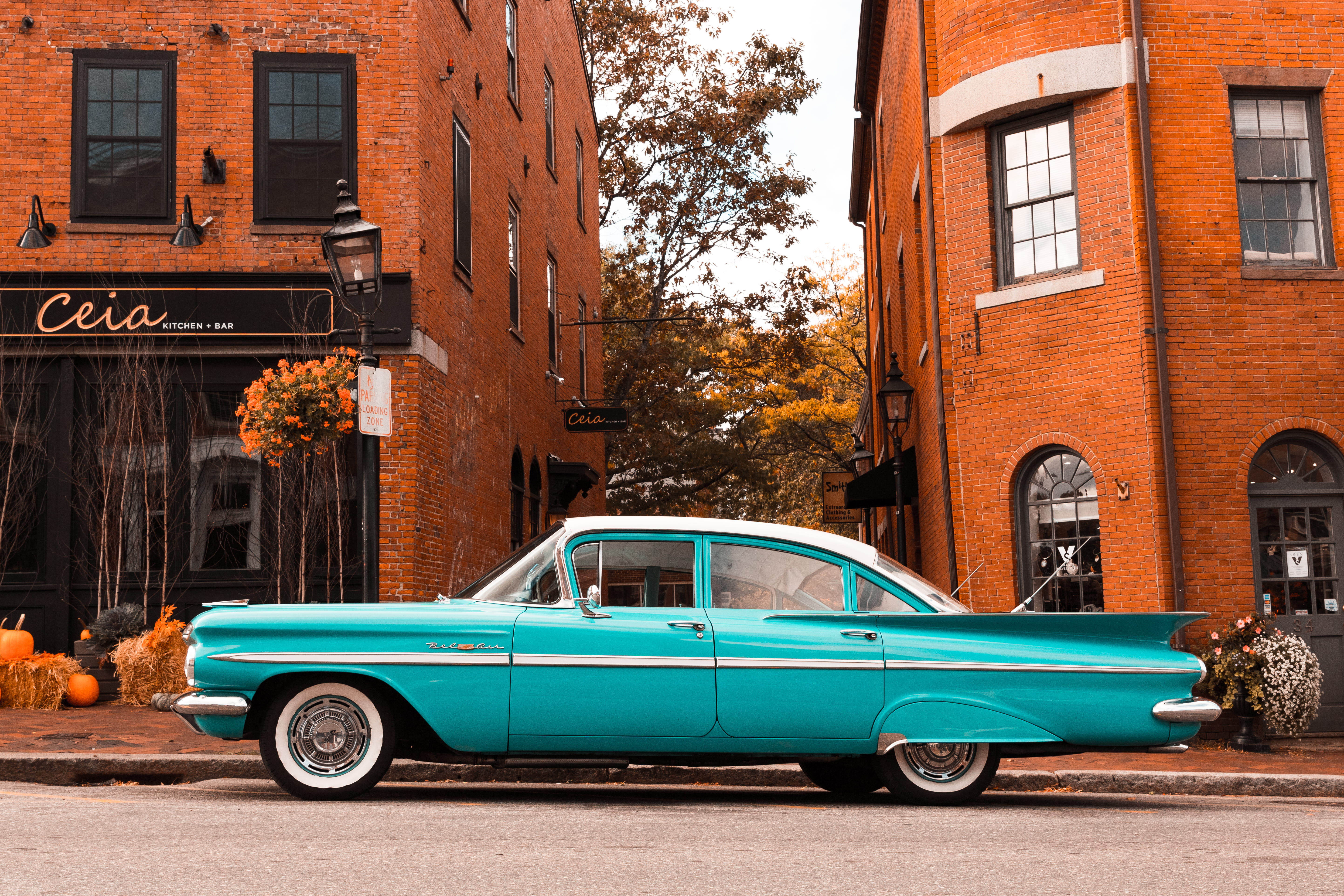 daytime, car, building, land vehicle, blue, street, vintage car, classic, day, fall, brick, transportation, beside, sky, vintage, building exterior, no people, HD Wallpaper