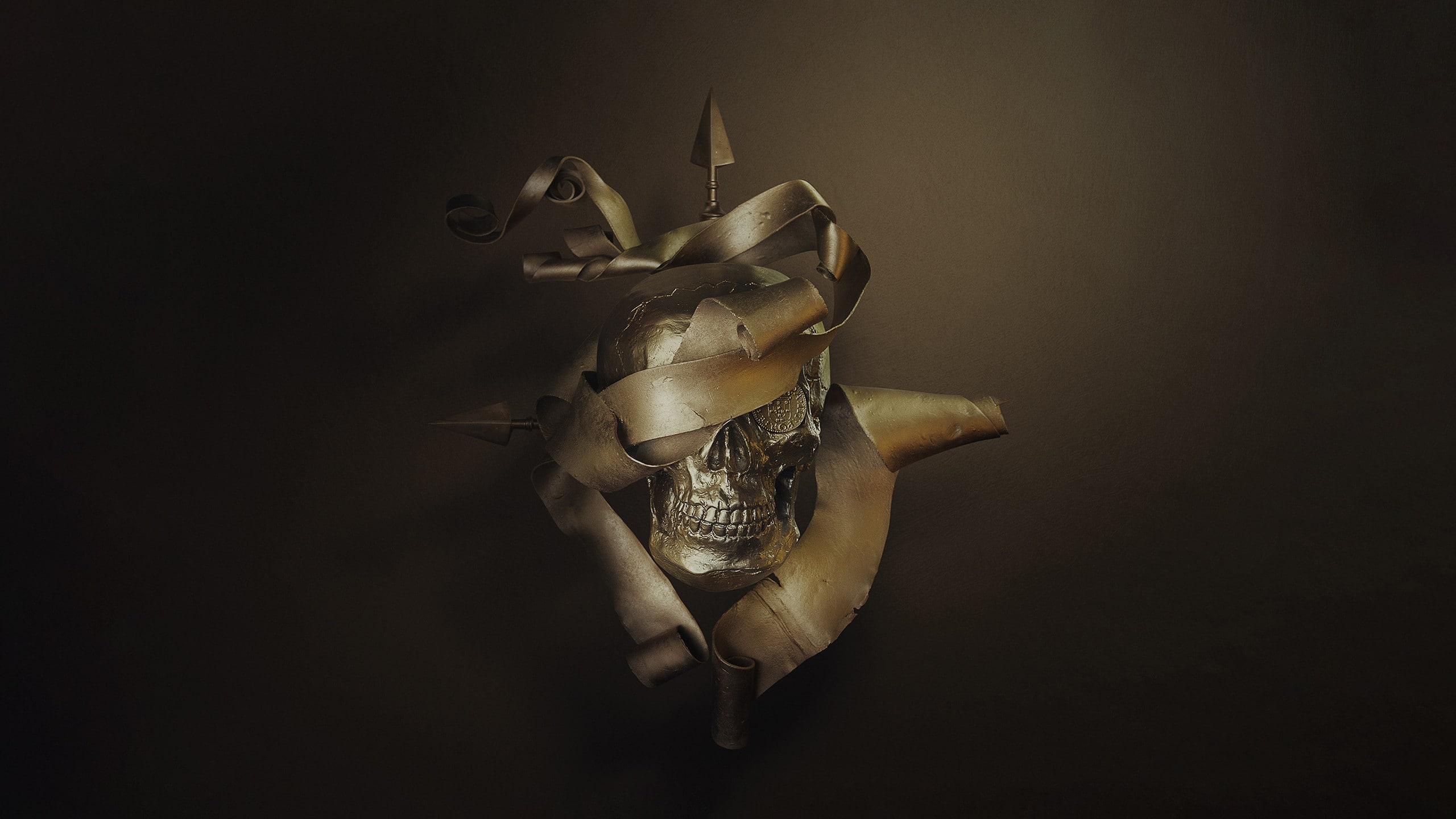 coins, 3D, gold, render, skull, 2K, simple background, HD Wallpaper